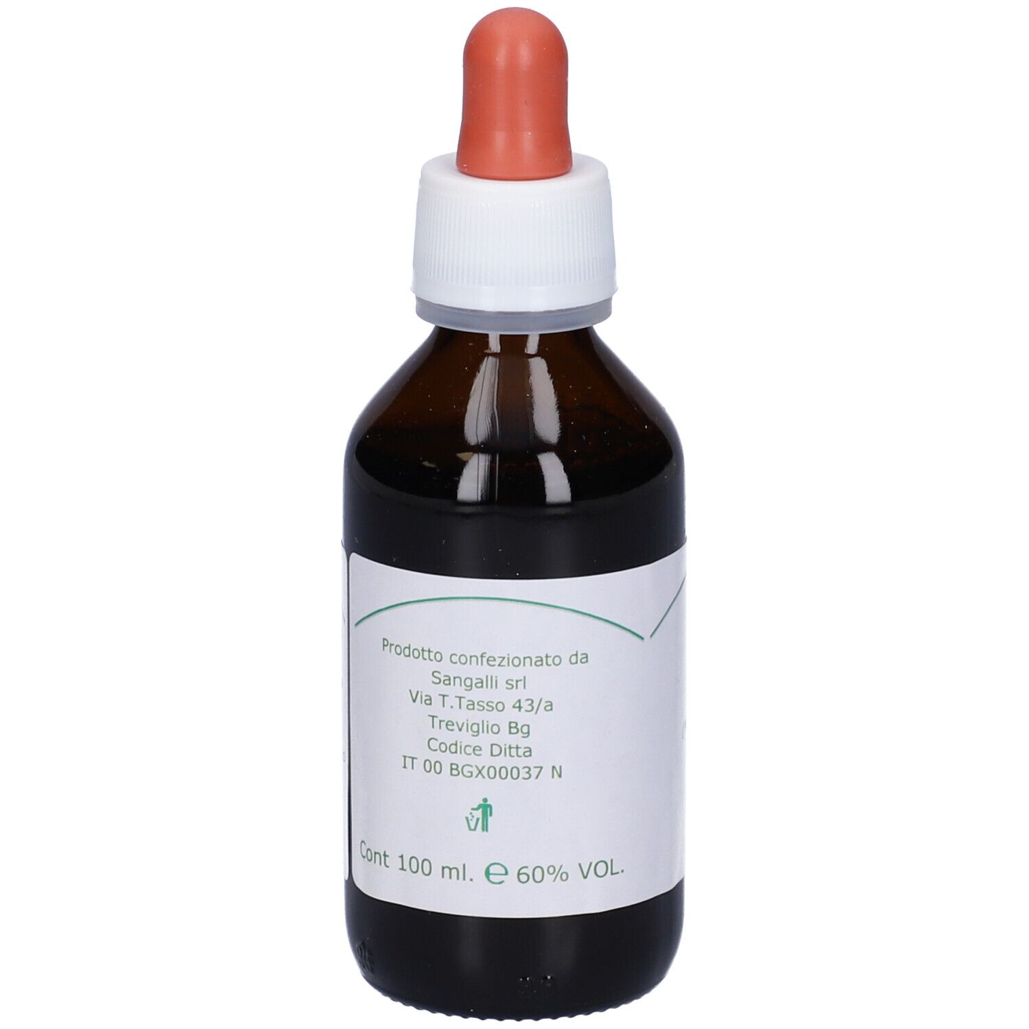 Flacone di vetro marrone con etichetta bianca. Contagocce rosso. Informazioni prodotto, 100 ml, 60% VOL.
