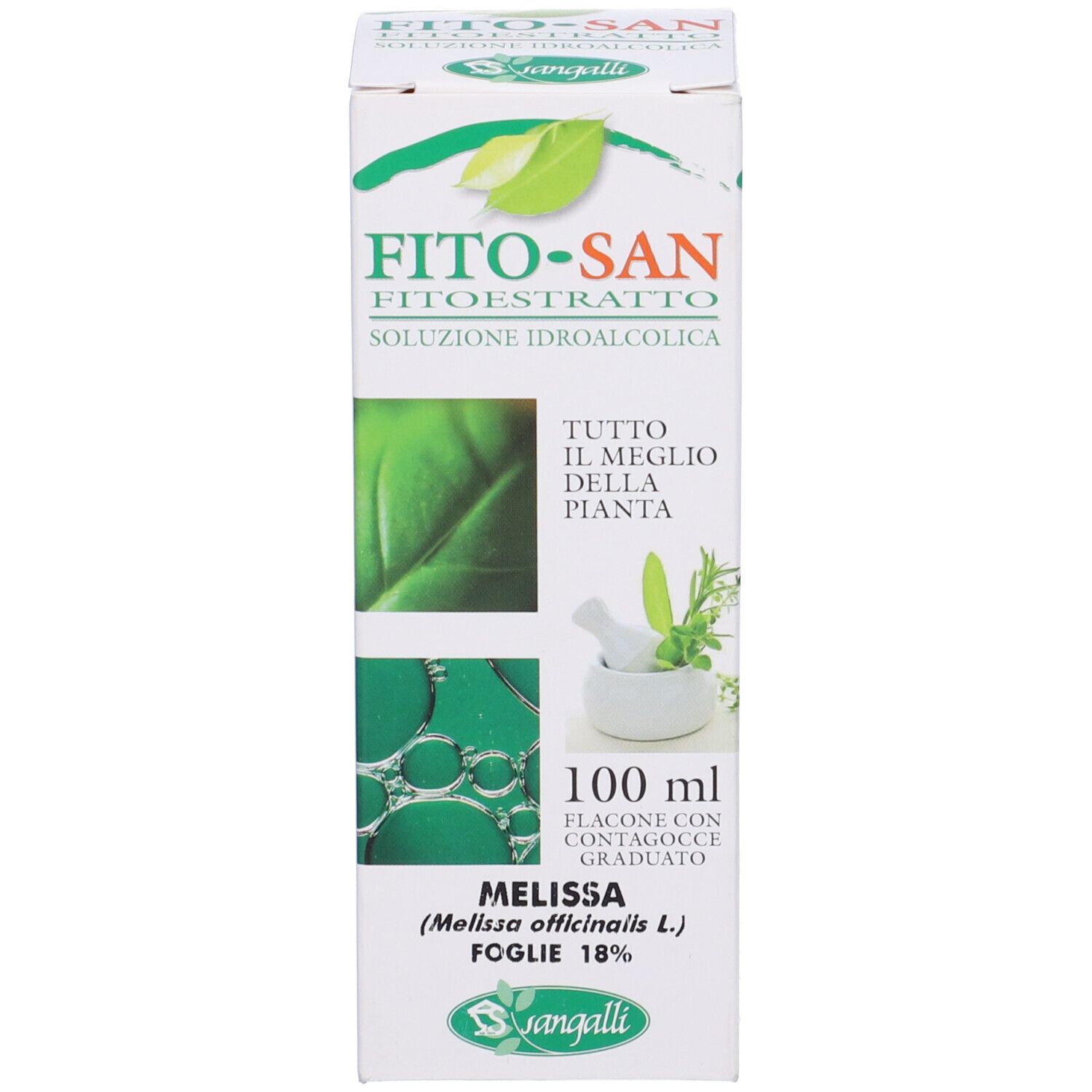 Confezione con nome prodotto, foglie verdi, mortaio, flacone 100 ml, logo Sangalli.