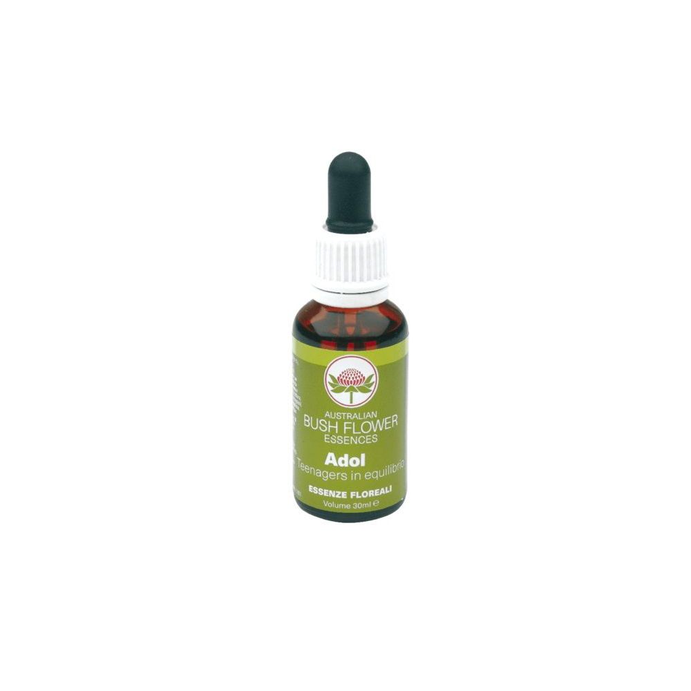 Flacone di vetro marrone con contagocce. Scritta: Adol, Australian Bush Flower Essences.