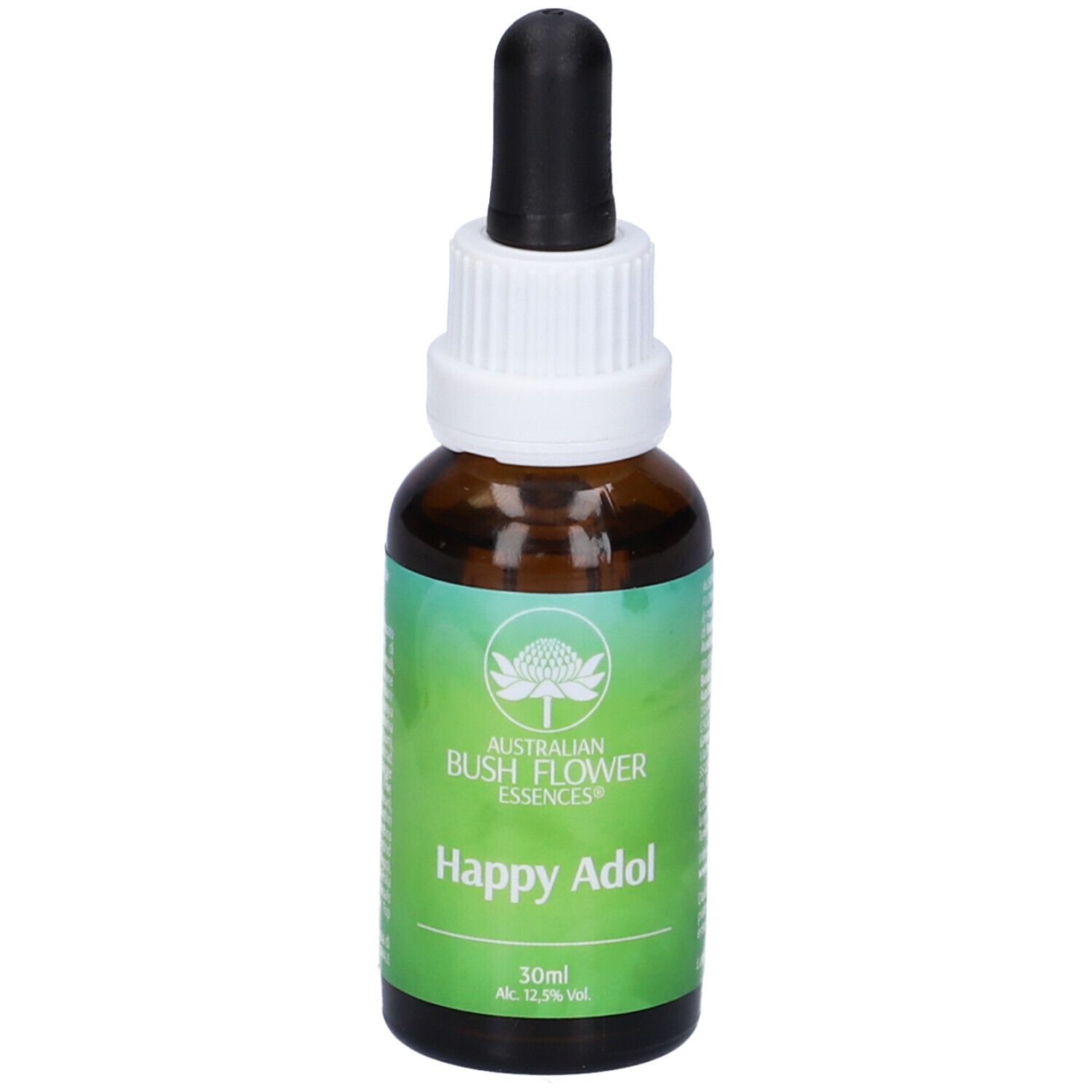 Flacone di vetro marrone con contagocce. Scritta: Happy Adol, 30ml, 12,3% Vol.