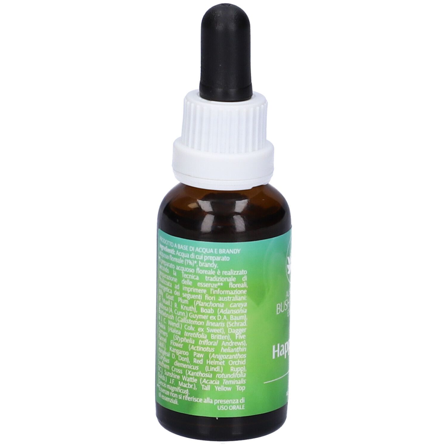 Flacone di vetro marrone con contagocce. Scritta: Happy Adol, elenco ingredienti, 30ml, 12,3% Vol.