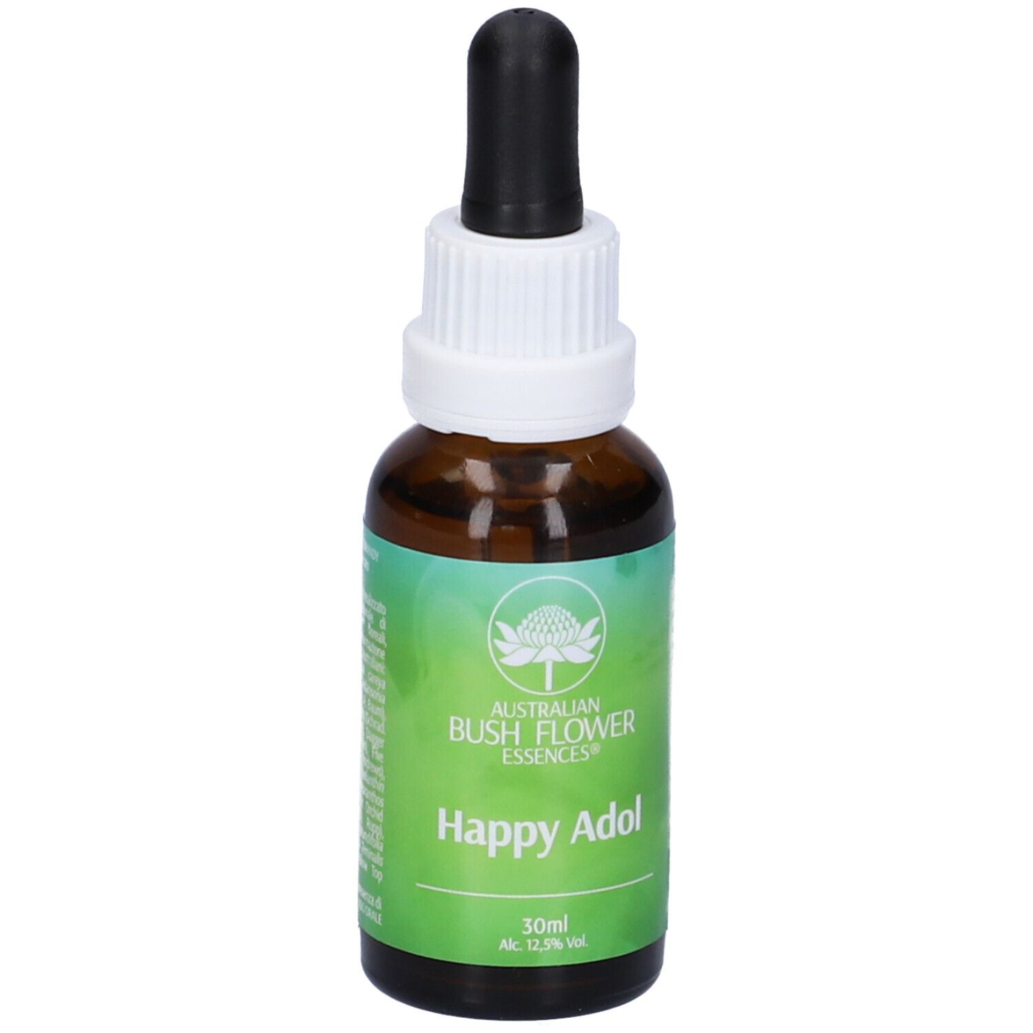 Flacone di vetro marrone con contagocce. Scritta: Happy Adol, 30ml, 12,3% Vol.