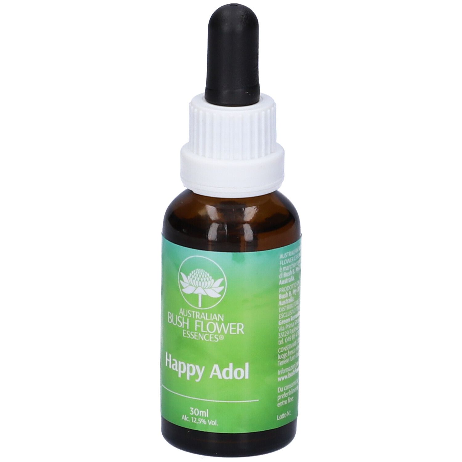 Flacone di vetro marrone con contagocce. Scritta: Happy Adol, elenco ingredienti, 30ml, 12,3% Vol.