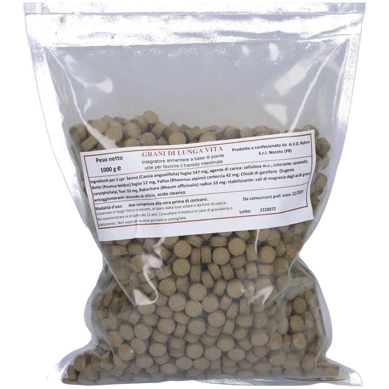 Sacchetto trasparente con compresse. Scritta: Grani di Lunga Vita. Elenco ingredienti e peso 1000 g.