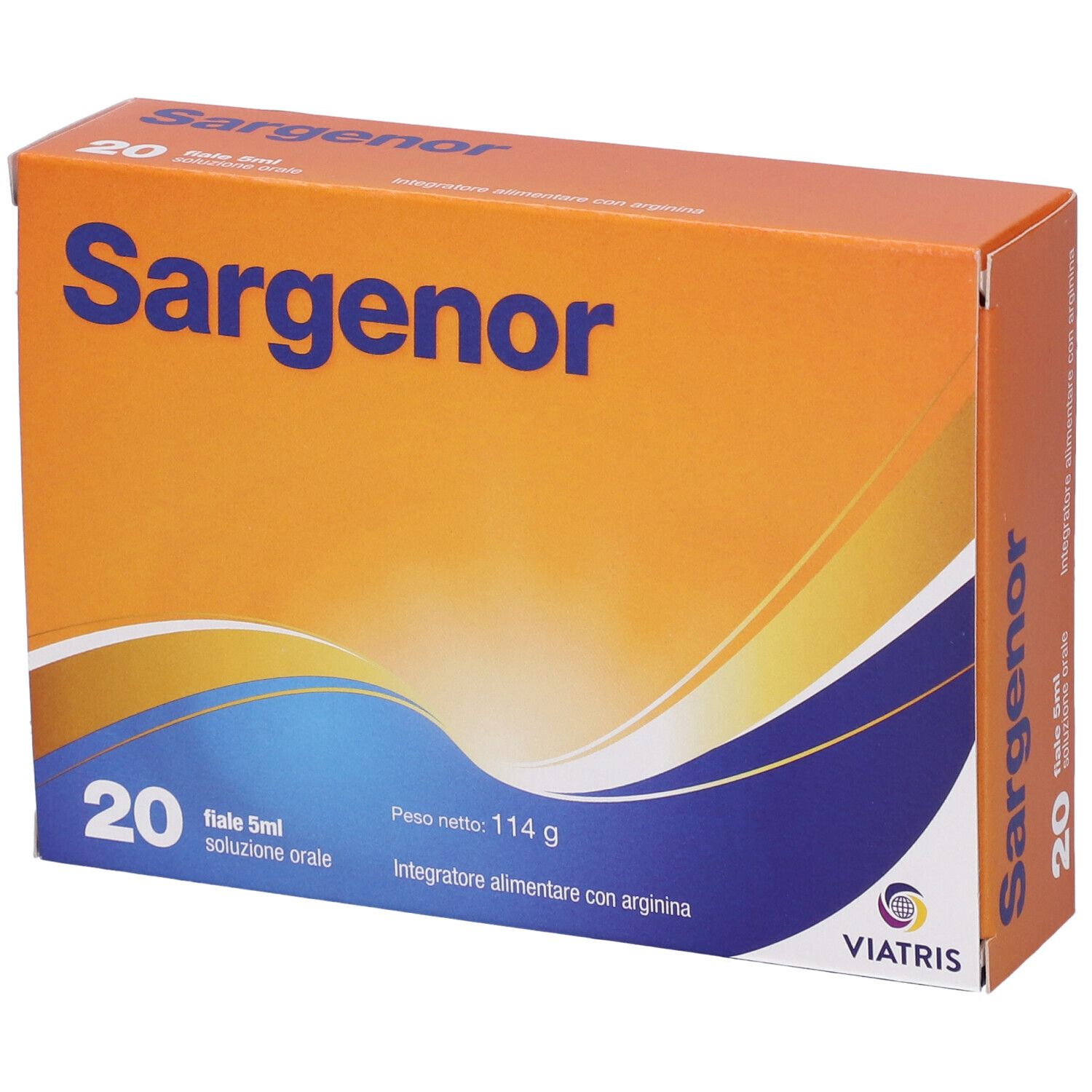 Sargenor-Schachtel mit 20 Ampullen. Orange-blaues Design. Aufschrift: 20 fiale 5ml soluzione orale. Viatris Logo.