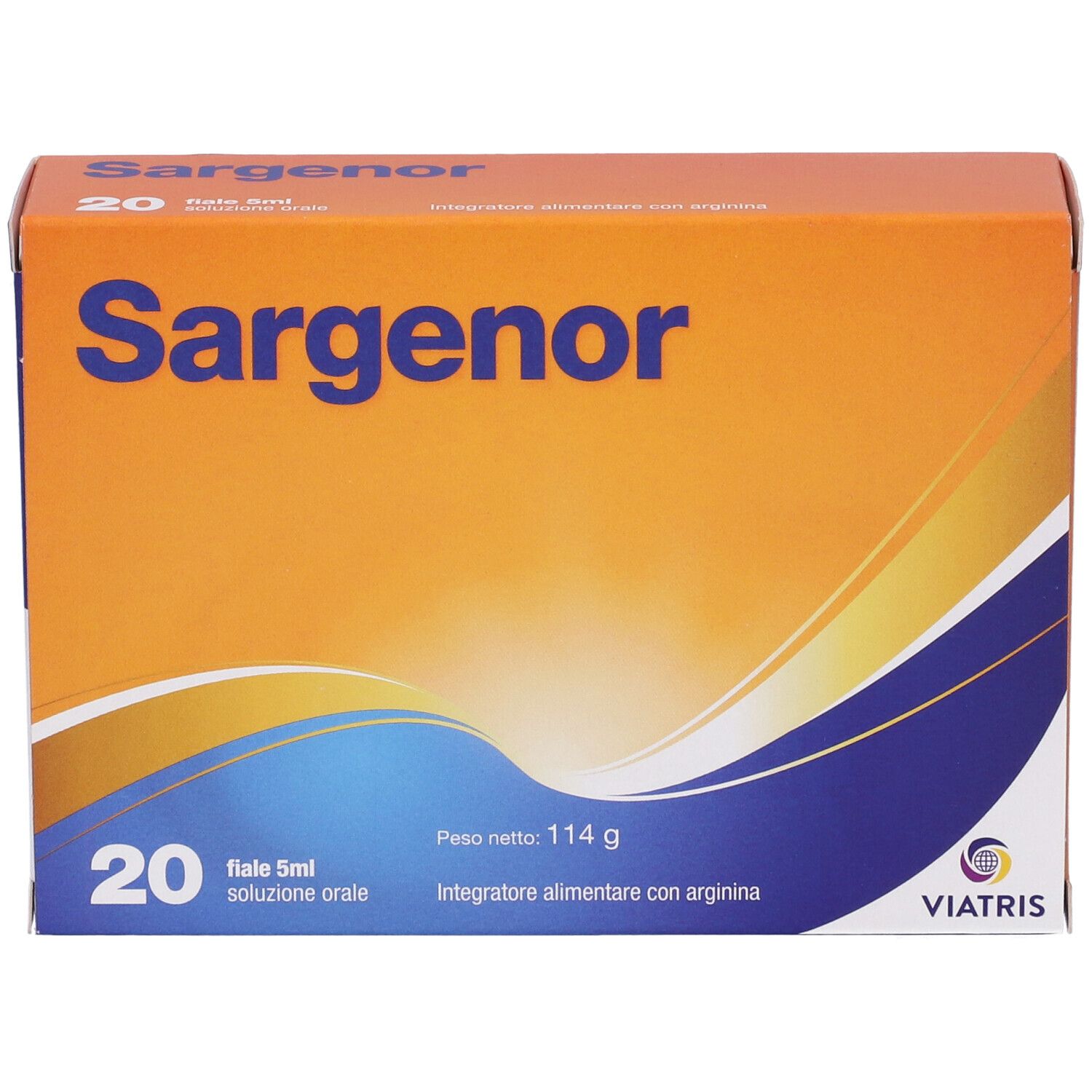 Sargenor-Schachtel, 20 Ampullen. Orange-blaues Design. Aufschrift: 20 fiale 5ml soluzione orale. Viatris Logo.