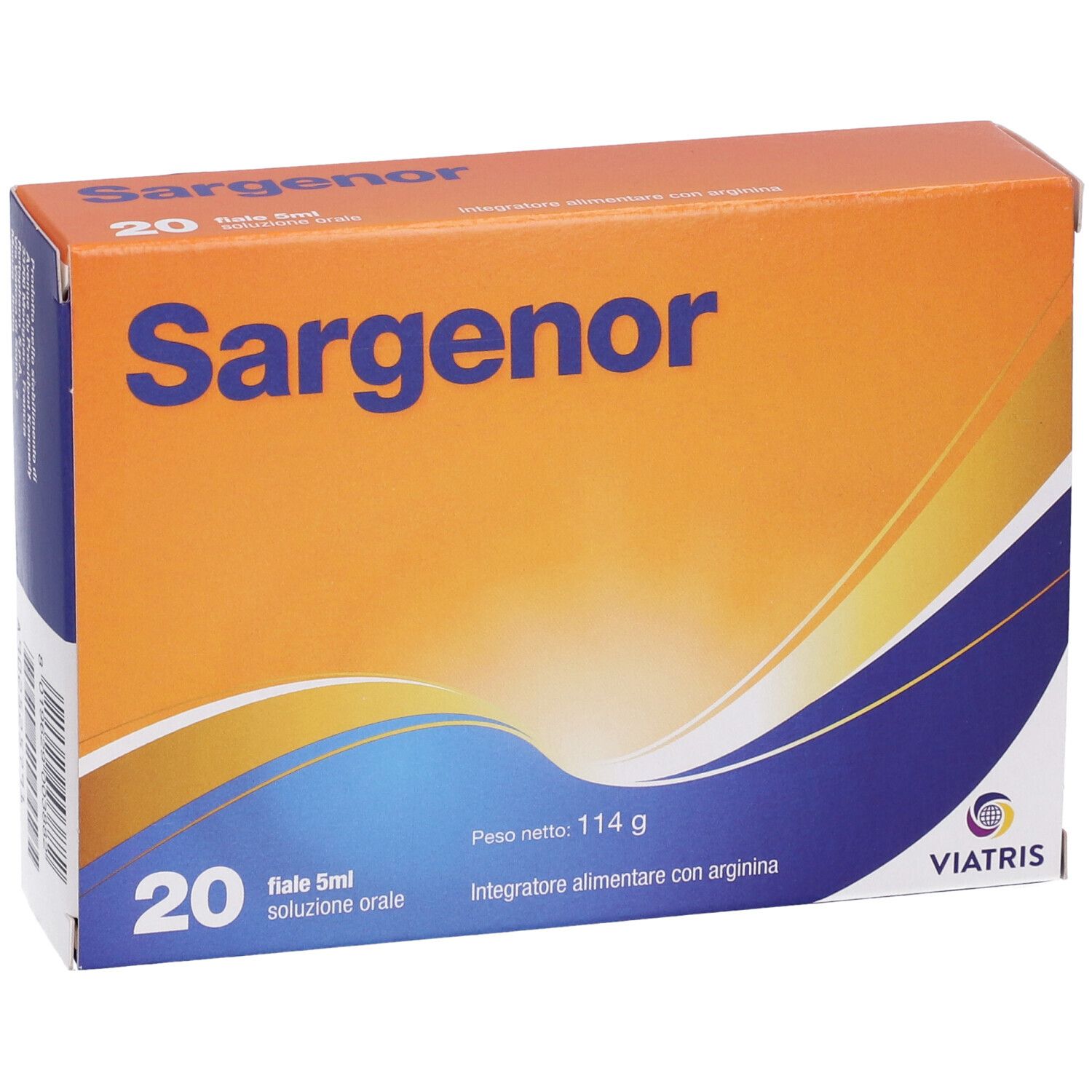 Sargenor-Schachtel, 20 Ampullen. Orange-blaues Design. Aufschrift: 20 fiale 5ml soluzione orale. Viatris Logo.