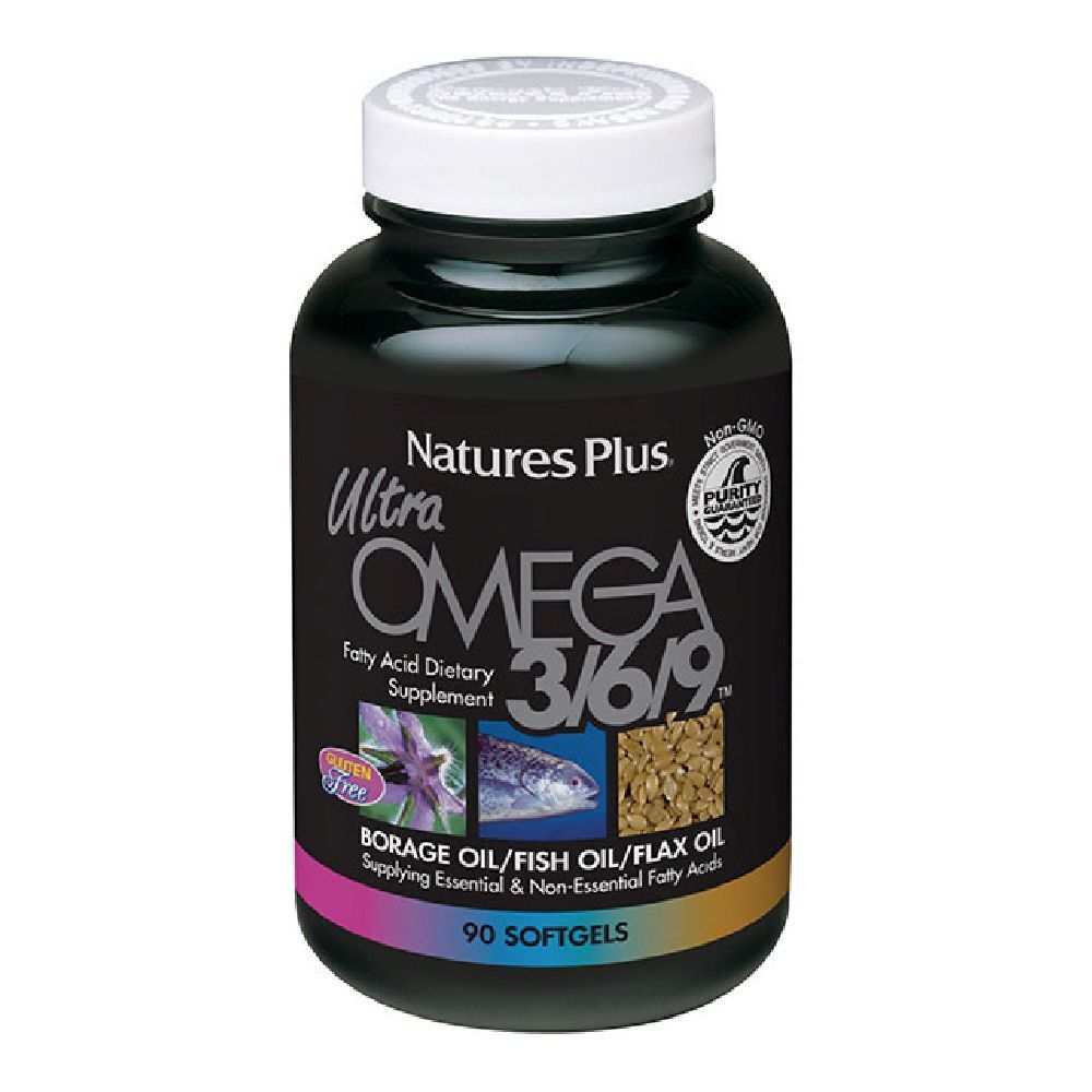 Flacone nero Ultra Omega 3-6-9. Contiene olio di borragine, pesce e lino. 90 softgels. Marchio: Natures Plus.