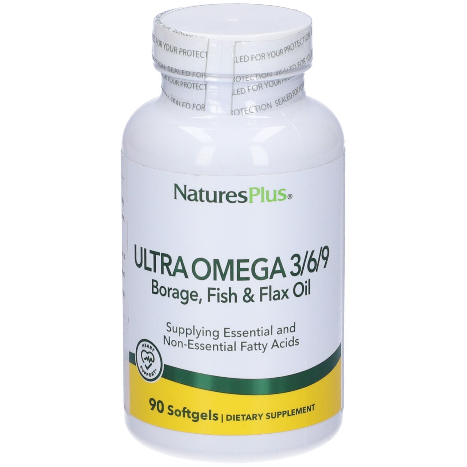 Flacone bianco Ultra Omega 3-6-9. Oli di borragine, pesce e lino. 90 softgels. Marchio: Natures Plus.
