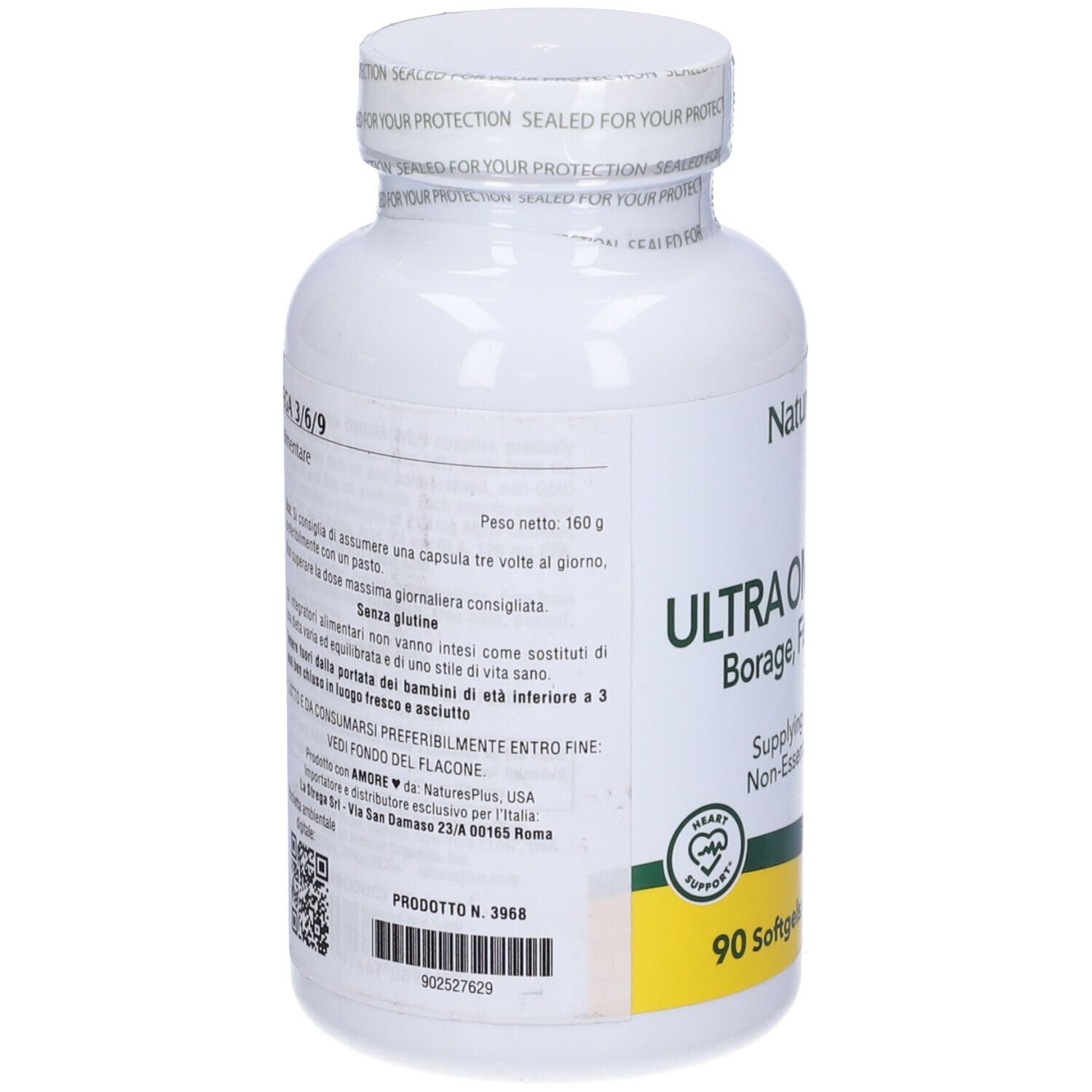 Retro flacone bianco Ultra Omega 3-6-9. Informazioni sul prodotto. 90 softgels. Marchio: Natures Plus.
