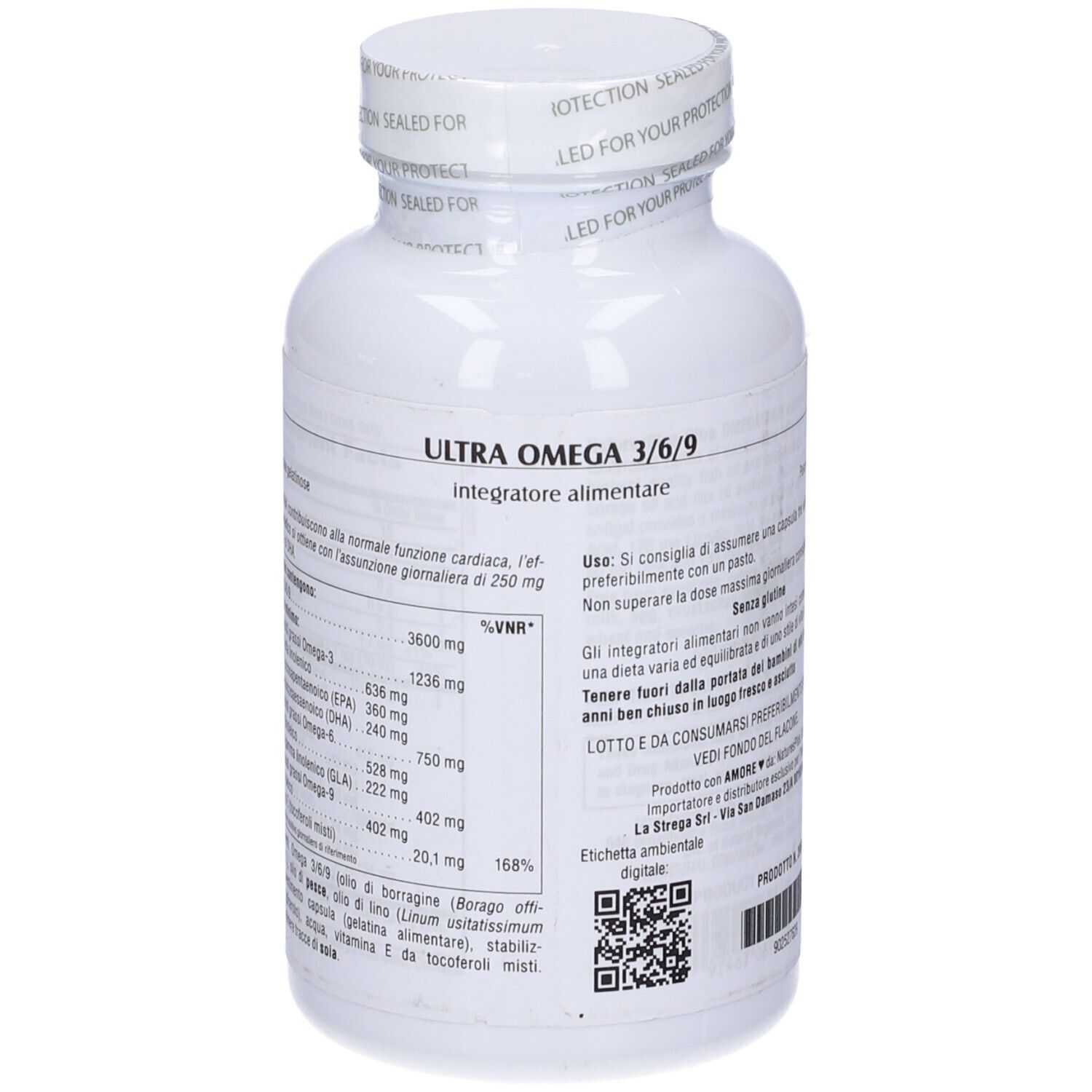 Retro flacone bianco Ultra Omega 3-6-9. Informazioni nutrizionali. 90 softgels.