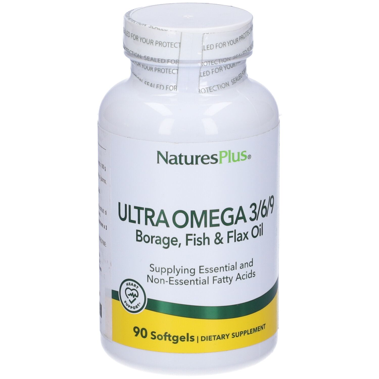 Flacone bianco Ultra Omega 3-6-9. Oli di borragine, pesce e lino. 90 softgels. Marchio: Natures Plus.