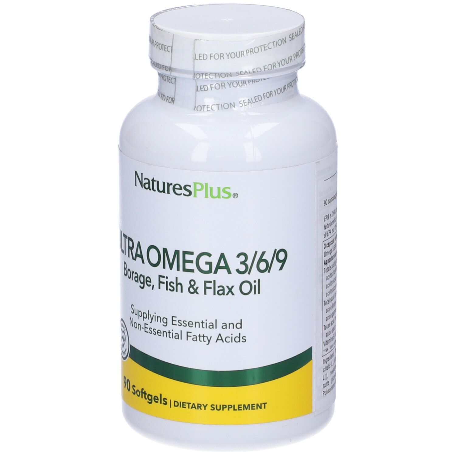 Flacone bianco Ultra Omega 3-6-9. Oli di borragine, pesce e lino. 90 softgels. Marchio: Natures Plus.