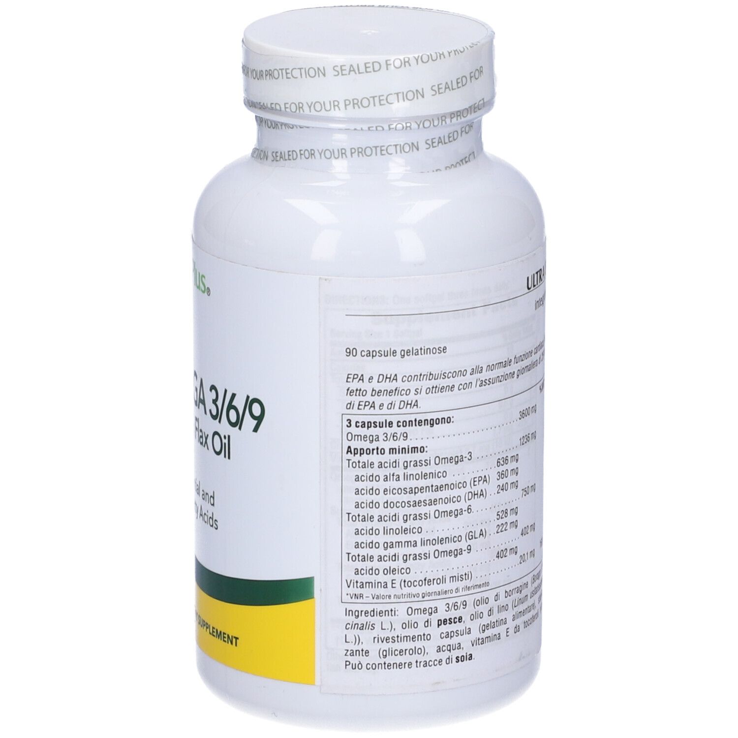 Retro flacone bianco Ultra Omega 3-6-9. Informazioni nutrizionali. 90 capsule.