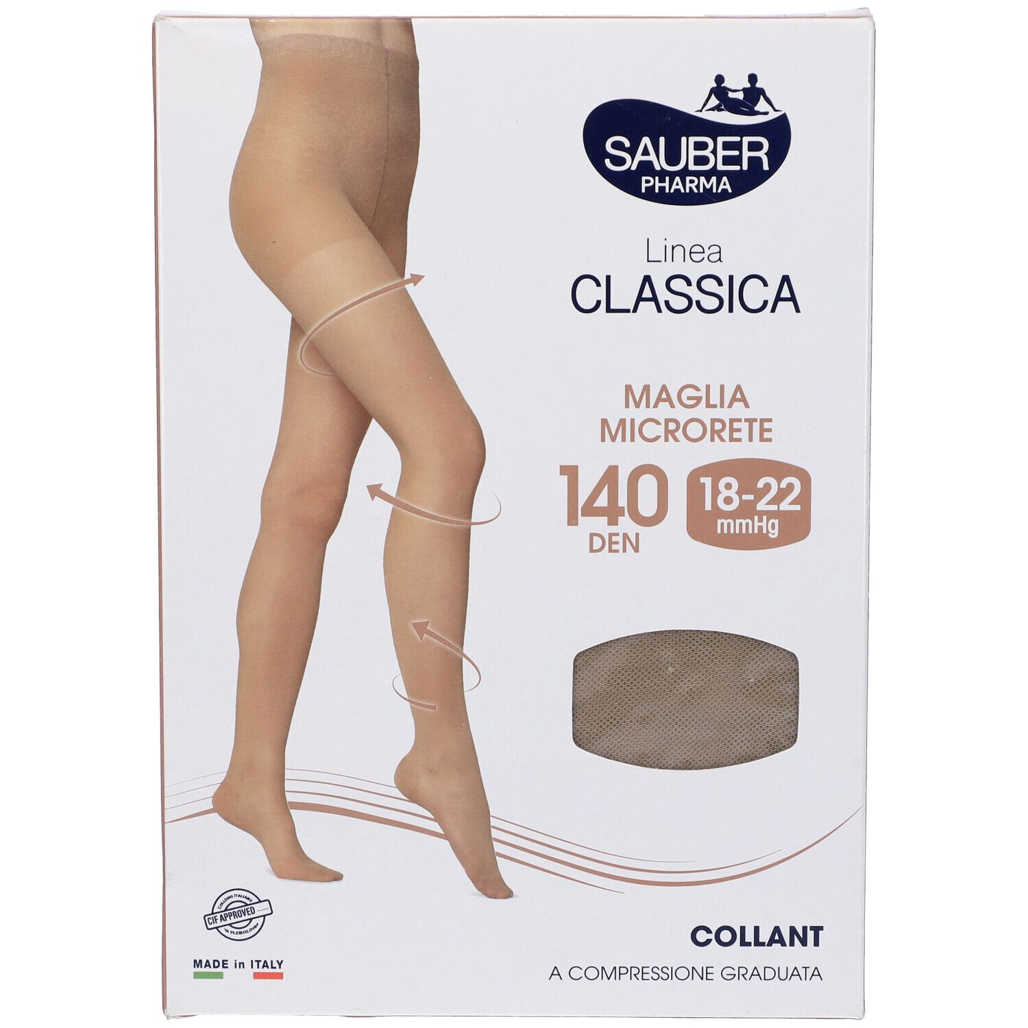 Confezione collant Sauber Classica 140 Den. Immagine di gambe con collant e dettaglio del prodotto.