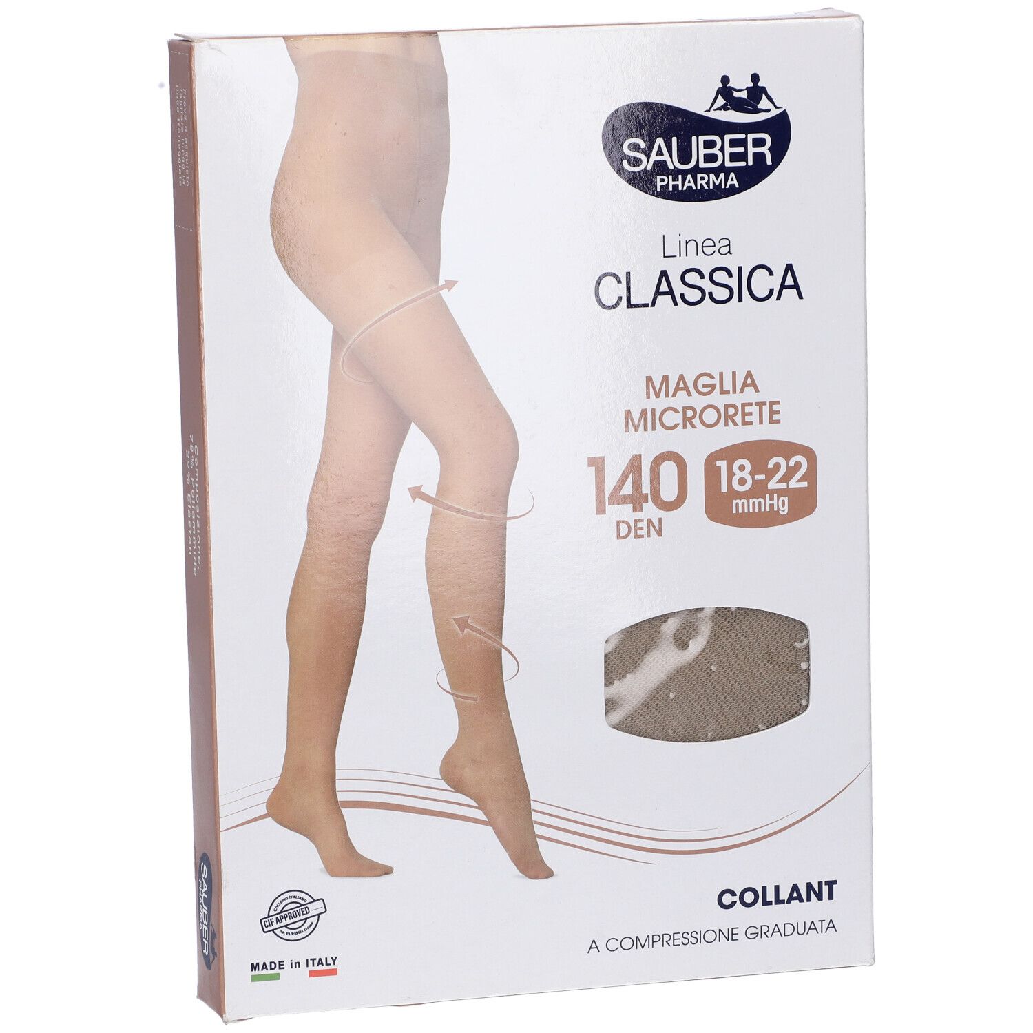 Confezione collant Sauber Classica 140 Den. Immagine di gambe con collant e dettaglio del prodotto.