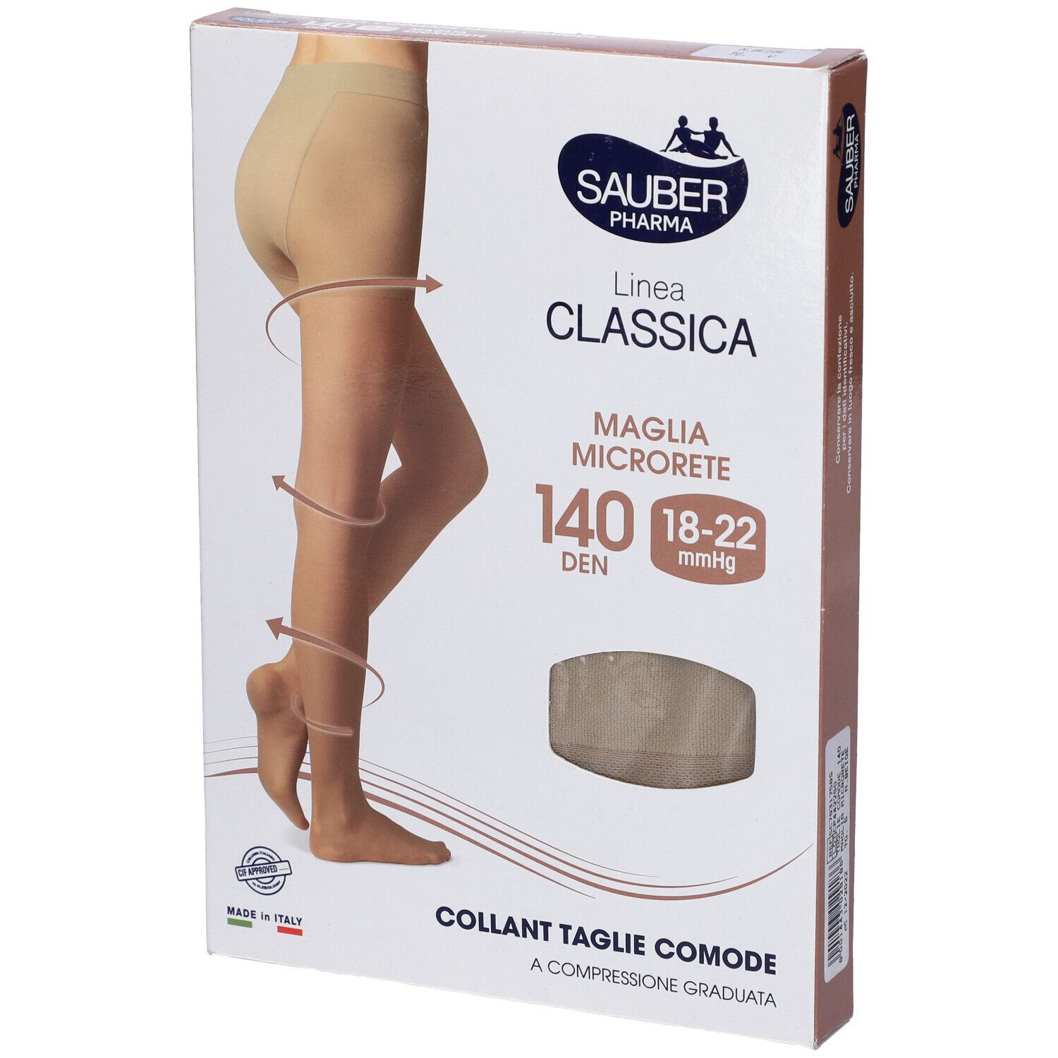 Confezione collant Sauber Classica, 140 Den, Taglie Comode. Collant beige illustrato. Marchio Sauber Pharma.