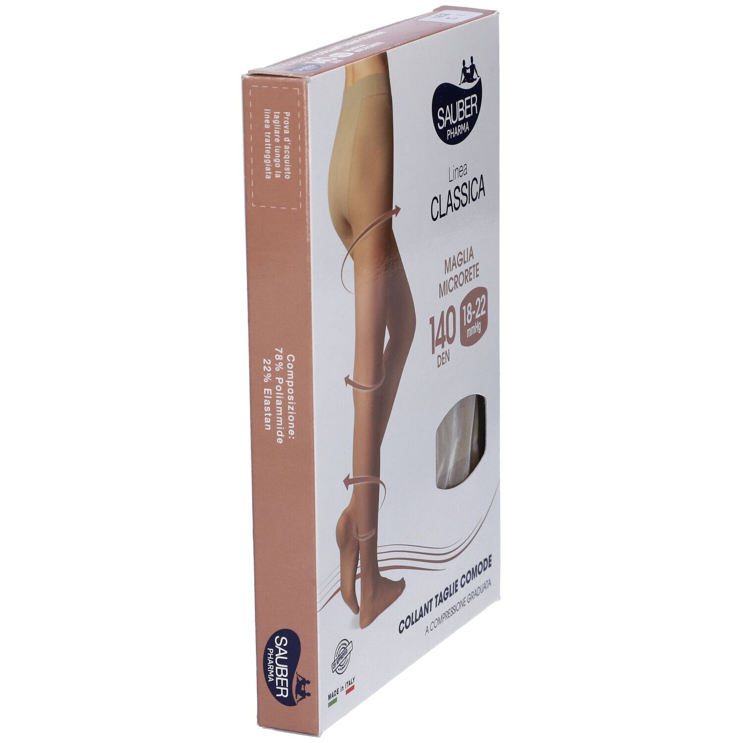 Confezione collant Sauber Classica, 140 Den, Taglie Comode. Collant beige illustrato. Marchio Sauber Pharma.