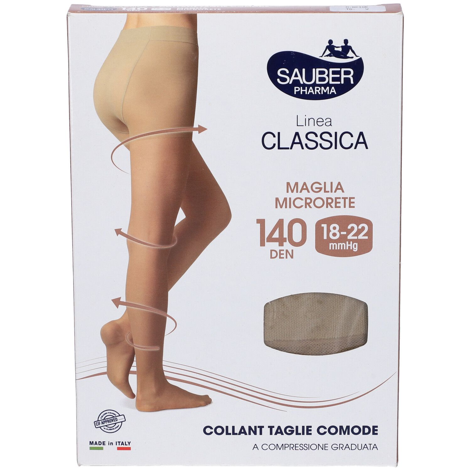 Confezione collant Sauber Classica, 140 Den, Taglie Comode. Collant beige illustrato. Marchio Sauber Pharma.
