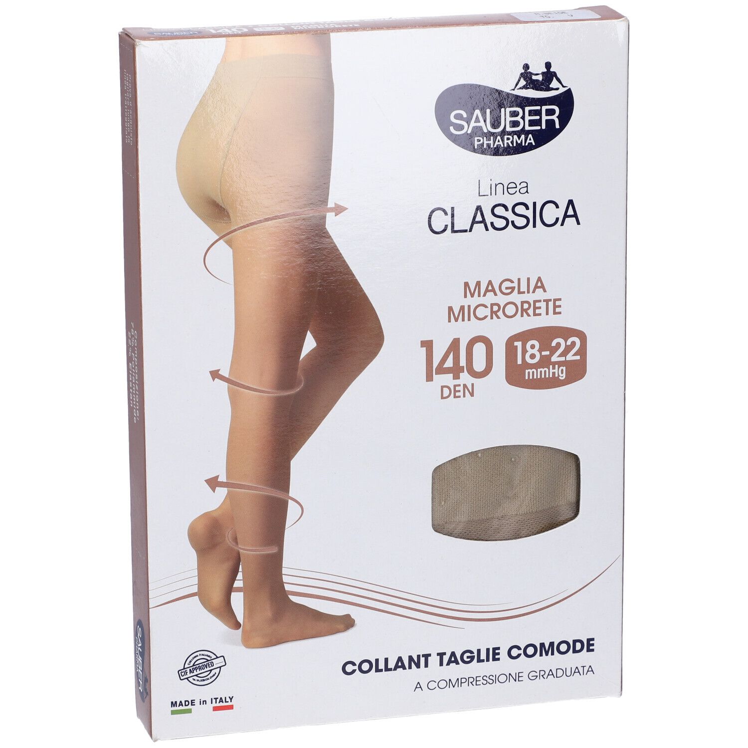 Confezione collant Sauber Classica, 140 Den, Taglie Comode. Collant beige illustrato. Marchio Sauber Pharma.