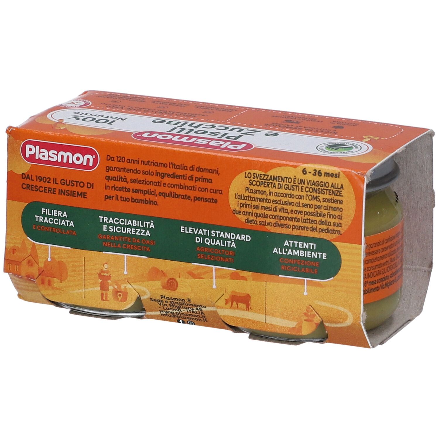 Plasmon Babykost-Glas mit Erbsen und Zucchini, 6-36 Monate, in orangefarbener Verpackung mit landwirtschaftlichen Motiven.