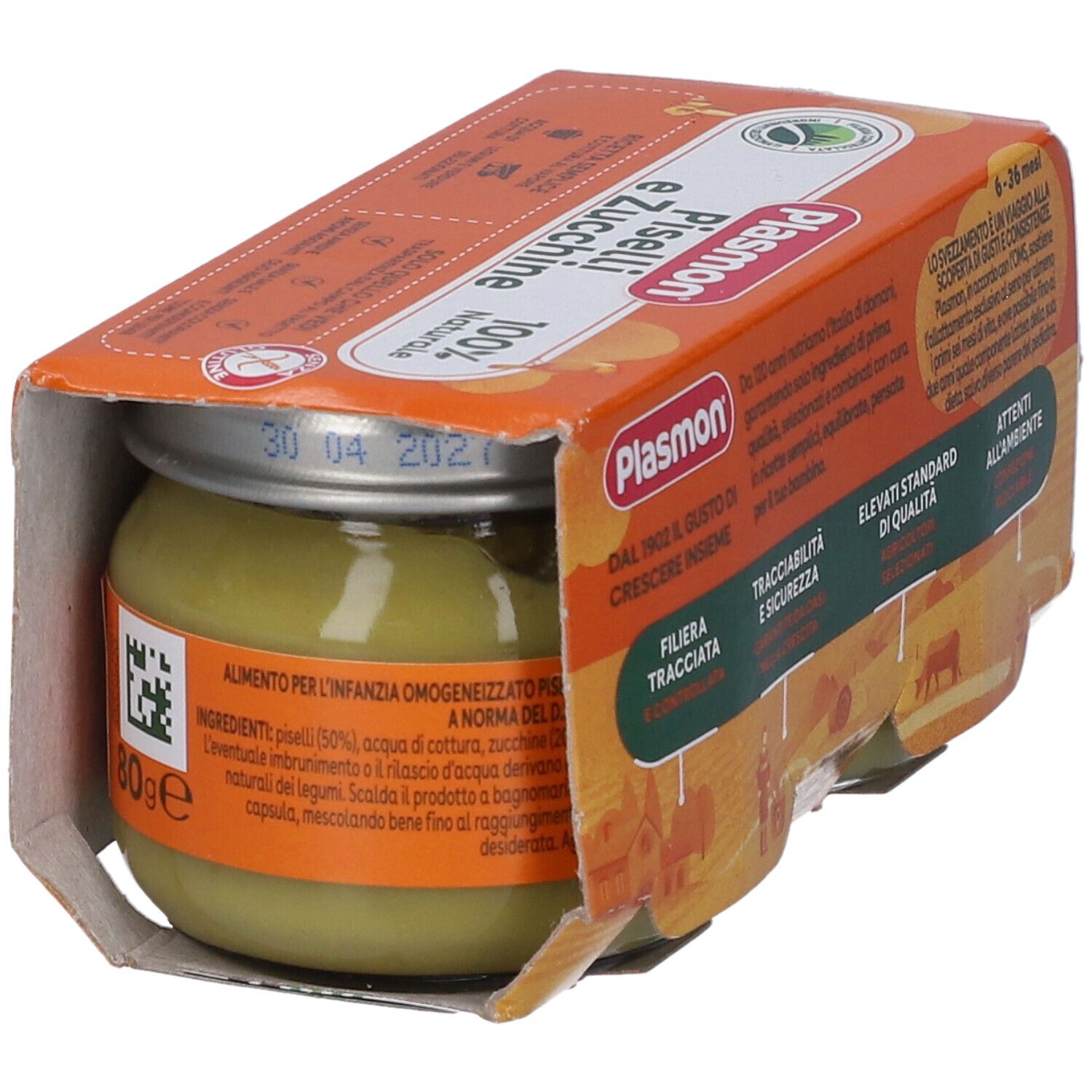 Plasmon Babybrei in einem Glas mit Erbsen und Zucchini, 80g.