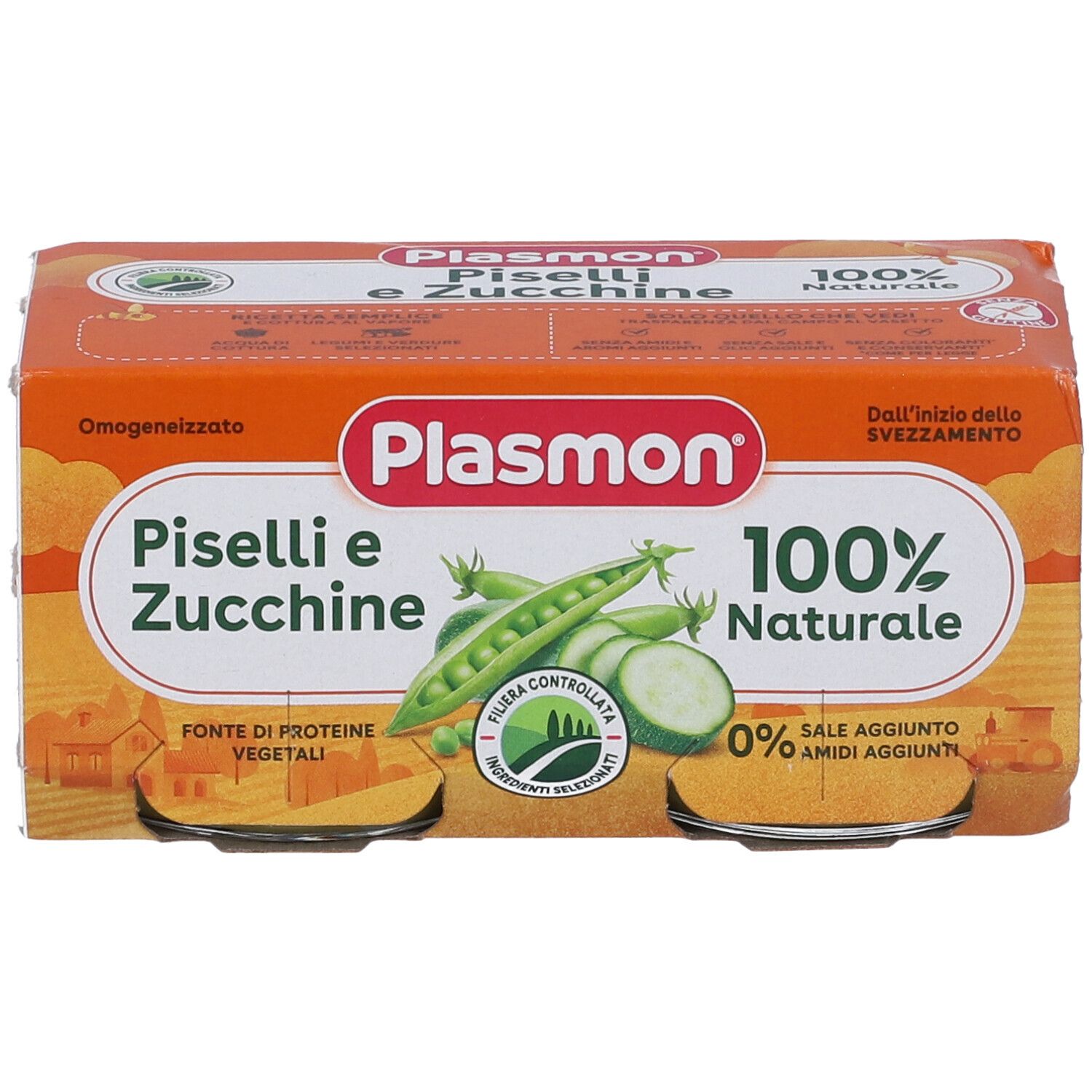 Plasmon Erbsen und Zucchini, 100% natürlich, ohne Zusatz von Salz und Stärke.