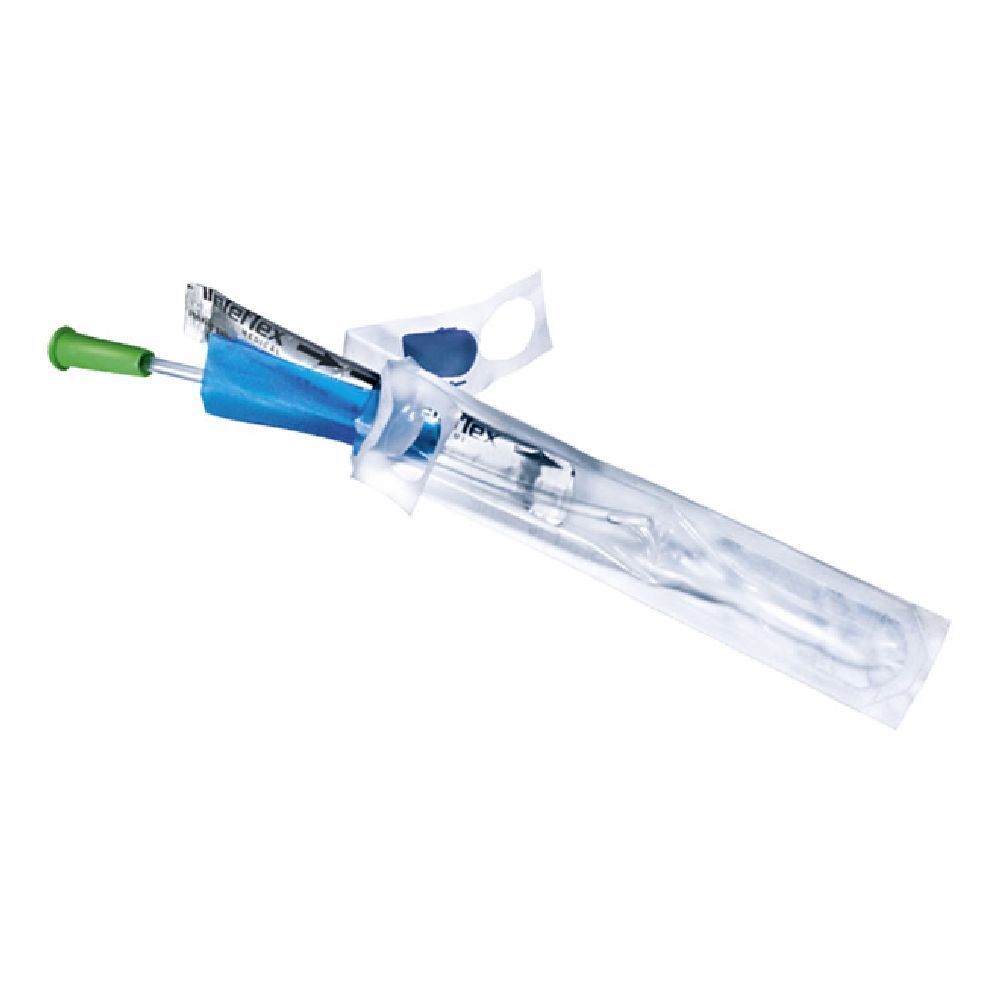 Catetere in confezione trasparente. Connettore verde, parte blu, confezione blu. Marchio Teleflex.