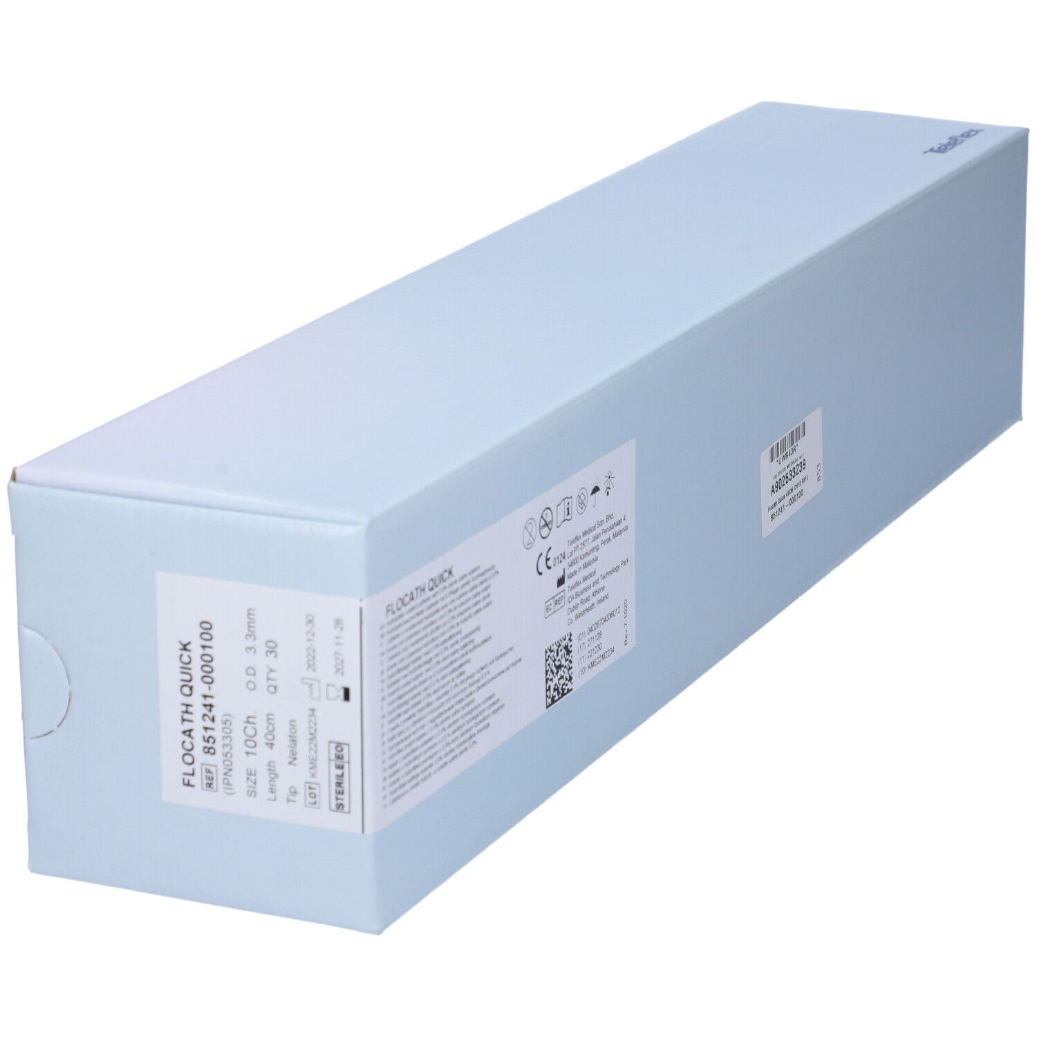 Scatola bianca con testo ed etichette. Nome prodotto: Flocath Quick. Marchio CE. Sterile.