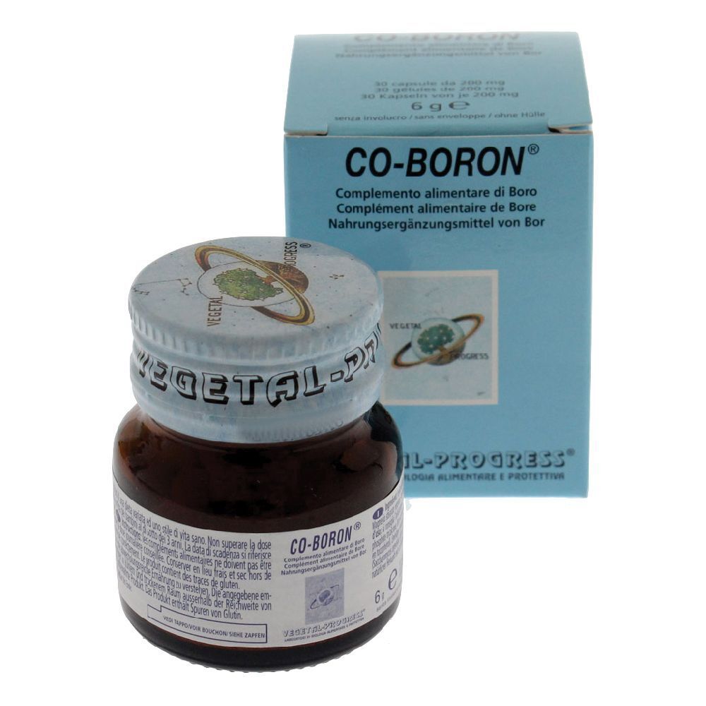 Flacone di vetro marrone con tappo a vite. Scritta: CO-BORON. Confezione blu sullo sfondo.