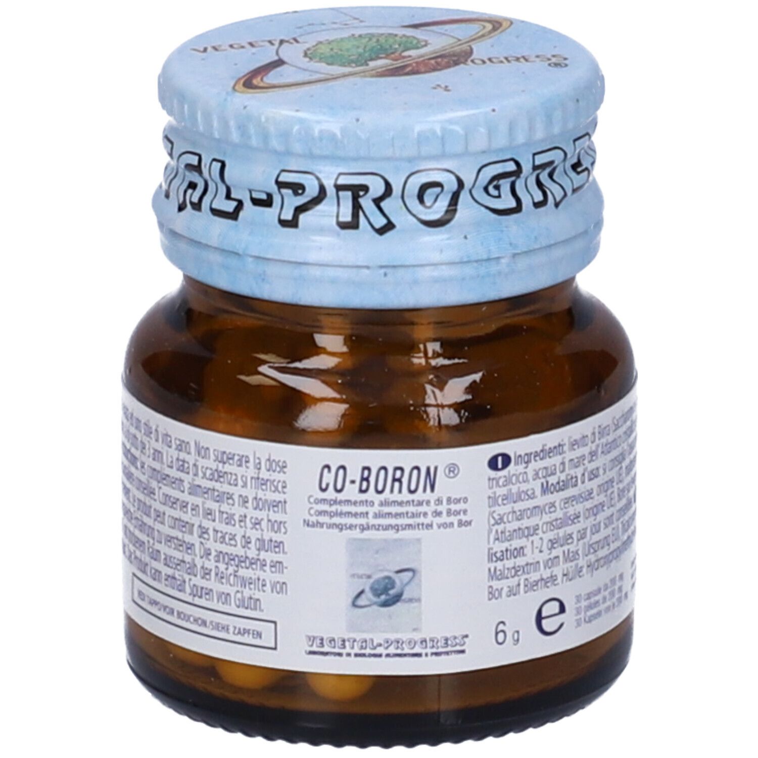 Flacone di vetro marrone con tappo a vite. Scritta: CO-BORON. Contiene capsule.