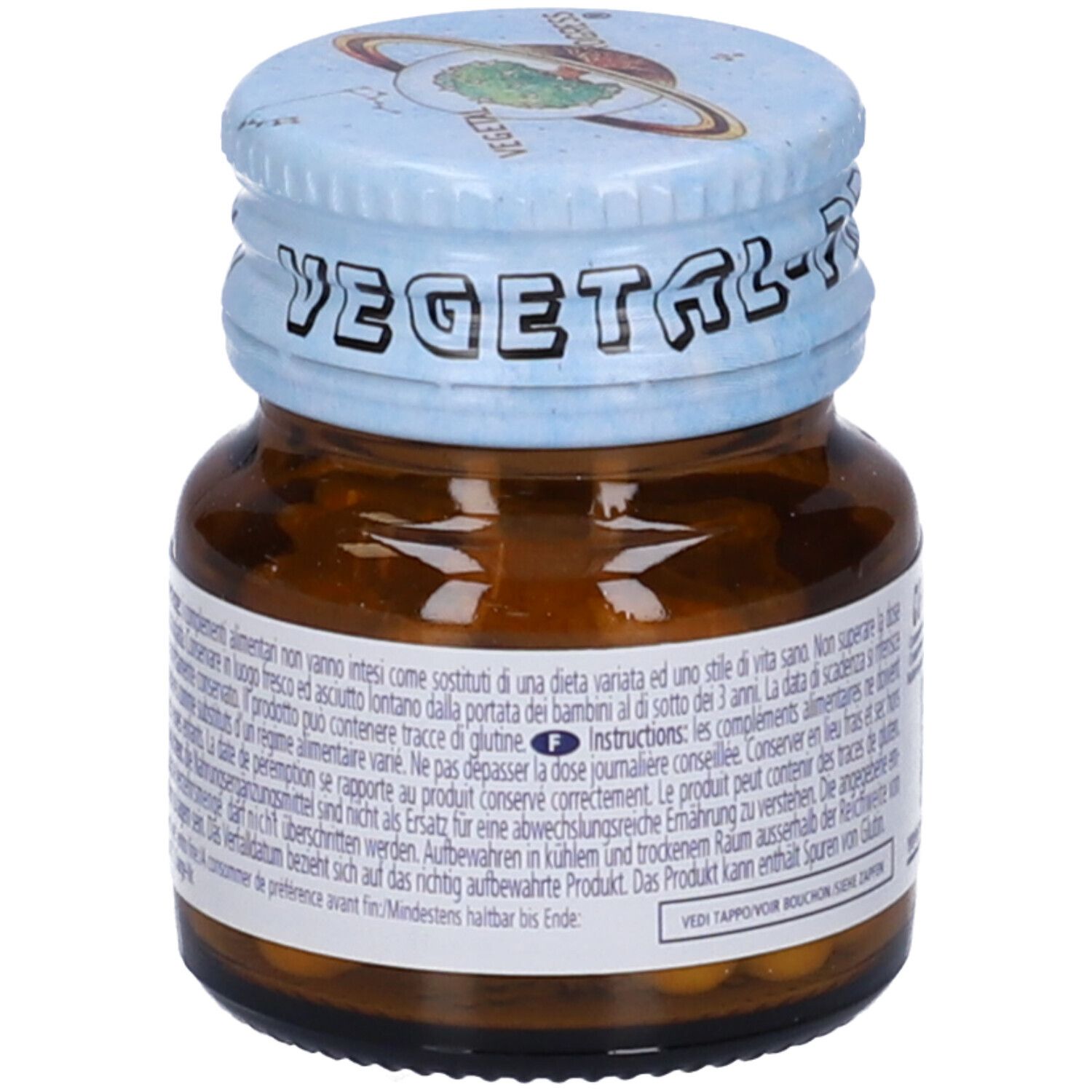 Flacone di vetro marrone con tappo a vite. Contiene capsule. Scritta: CO-BORON.