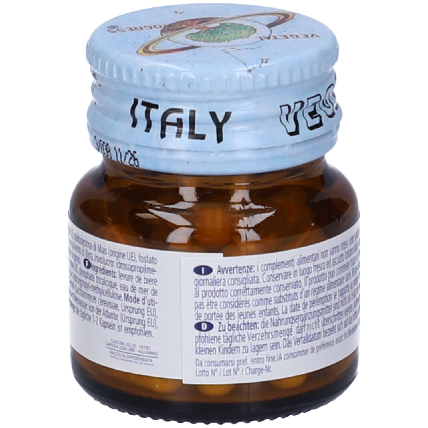 Flacone di vetro marrone con tappo a vite. Contiene capsule. Scritta: CO-BORON.