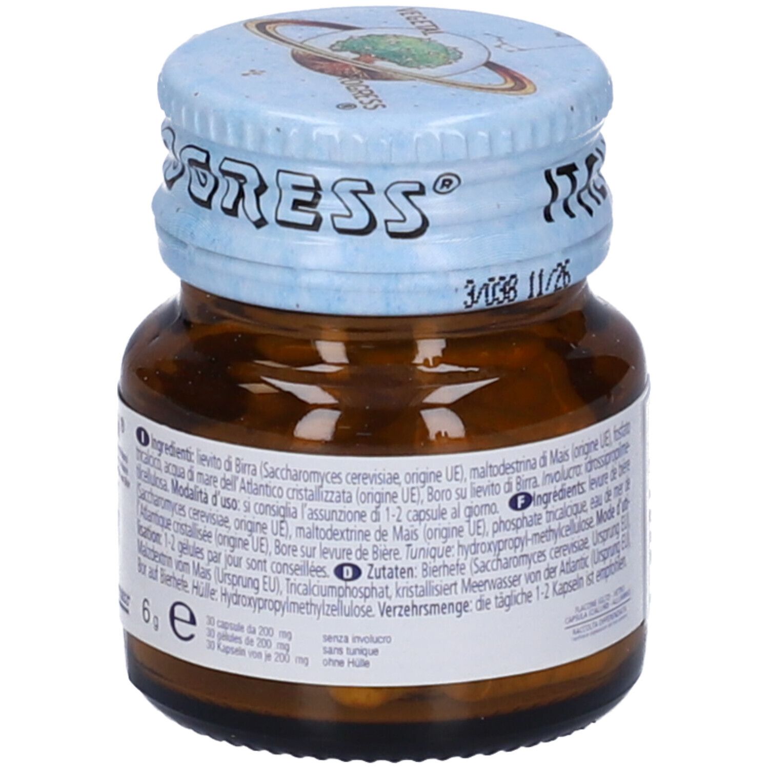 Flacone di vetro marrone con tappo a vite. Contiene capsule. Scritta: CO-BORON.