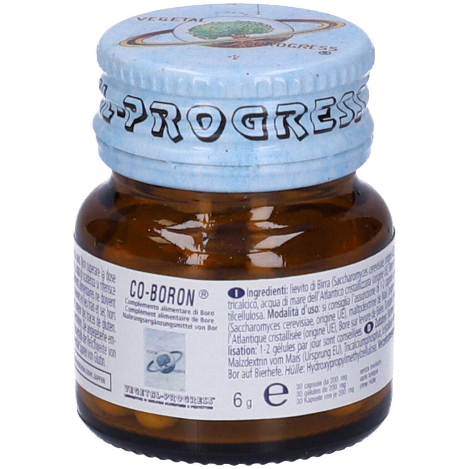 Flacone di vetro marrone con tappo a vite. Contiene capsule. Scritta: CO-BORON.