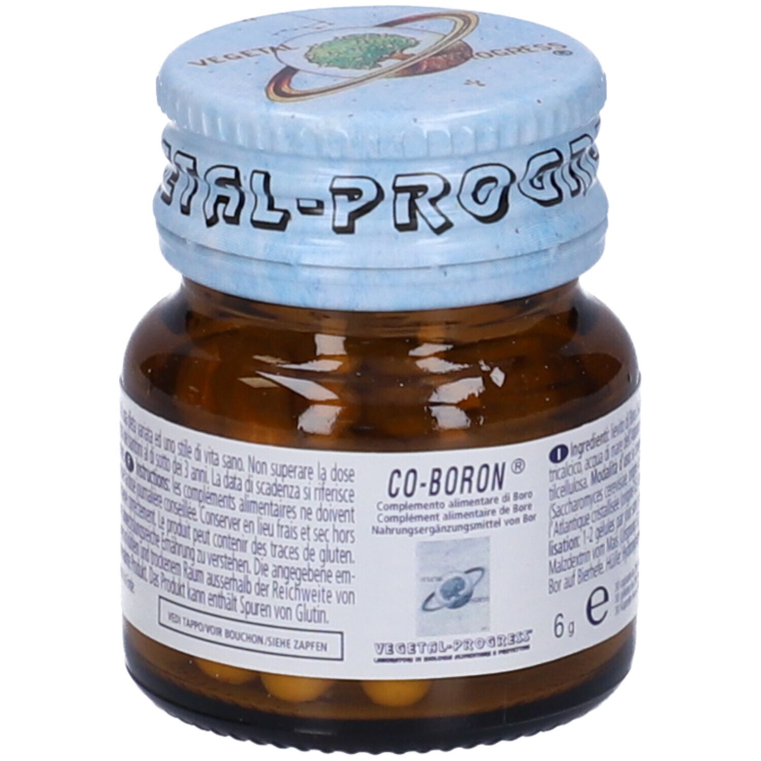 Flacone di vetro marrone con tappo a vite. Contiene capsule. Scritta: CO-BORON.