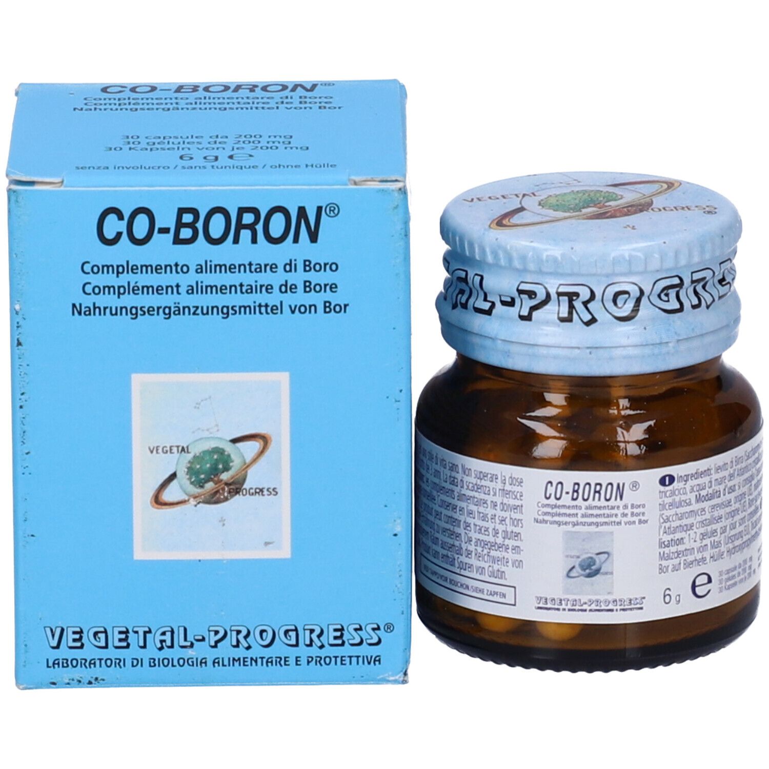 Flacone di vetro marrone e scatola blu. Scritta: CO-BORON. Contiene capsule.