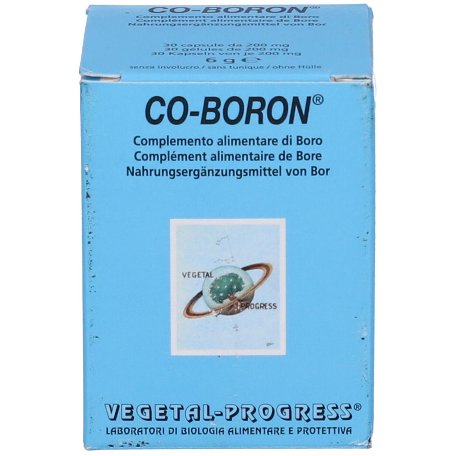 Scatola blu. Scritta: CO-BORON. Contiene integratori alimentari.