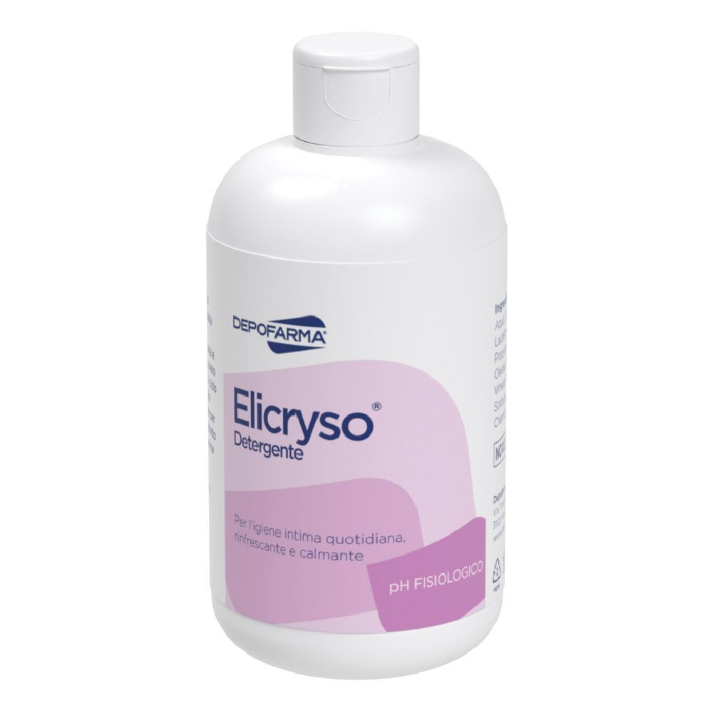 Flacone bianco con etichetta rosa. Scritta: Elicryso Detergente. Per l'igiene intima quotidiana, rinfrescante e calmante.
