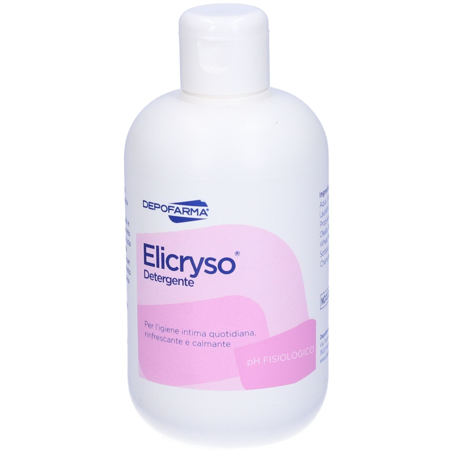 Flacone bianco con etichetta rosa. Scritta: Elicryso Detergente. Per l'igiene intima quotidiana, rinfrescante e calmante.