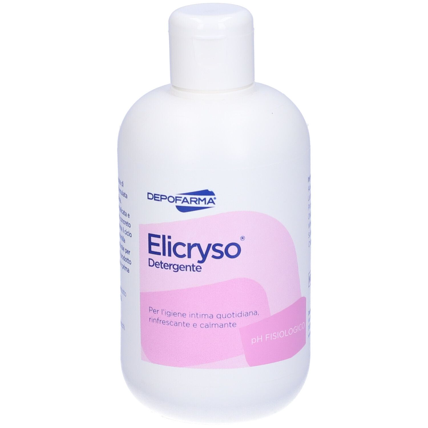 Flacone bianco con etichetta rosa. Scritta: Elicryso Detergente. Per l'igiene intima quotidiana, rinfrescante e calmante.