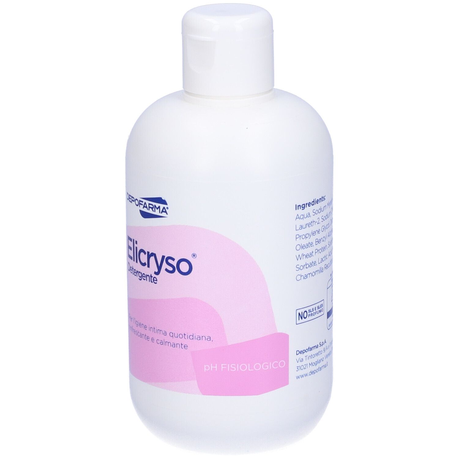Flacone bianco con etichetta rosa. Scritta: Elicryso Detergente. Per l'igiene intima quotidiana, rinfrescante e calmante.