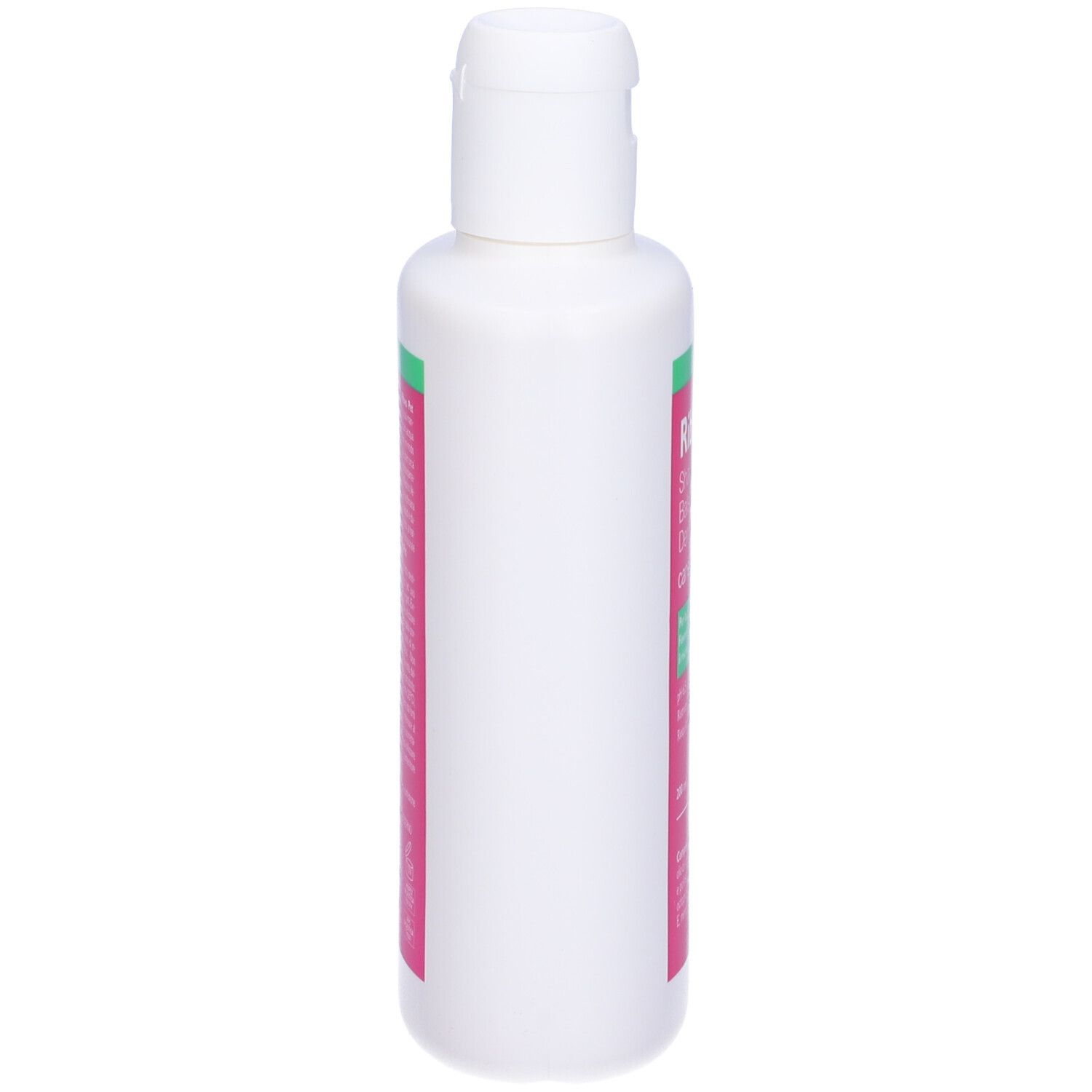 Flacone bianco con etichetta rosa. Testo visibile. Tappo bianco. Vista laterale.