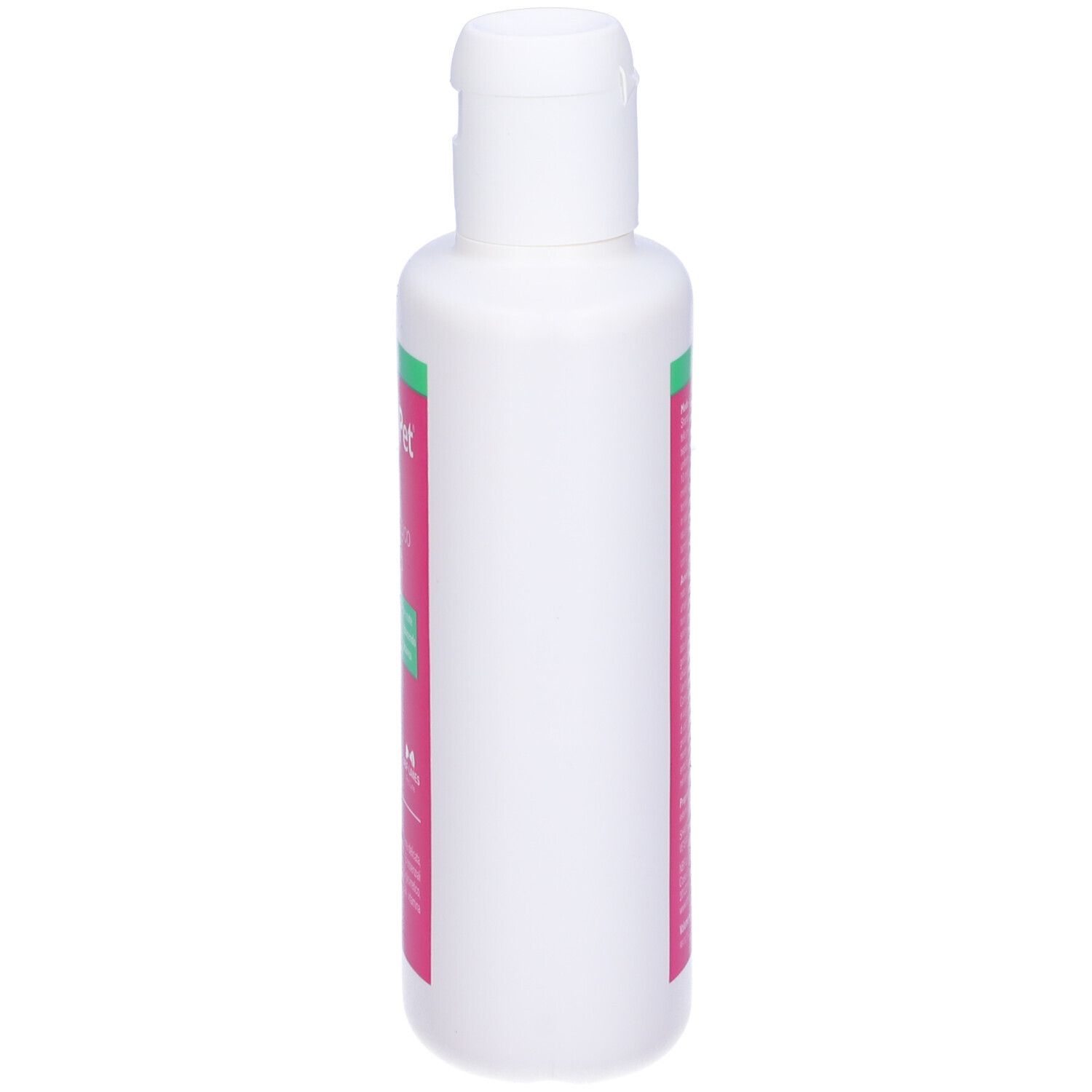 Flacone bianco con etichetta rosa. Testo visibile. Tappo bianco. Vista laterale.