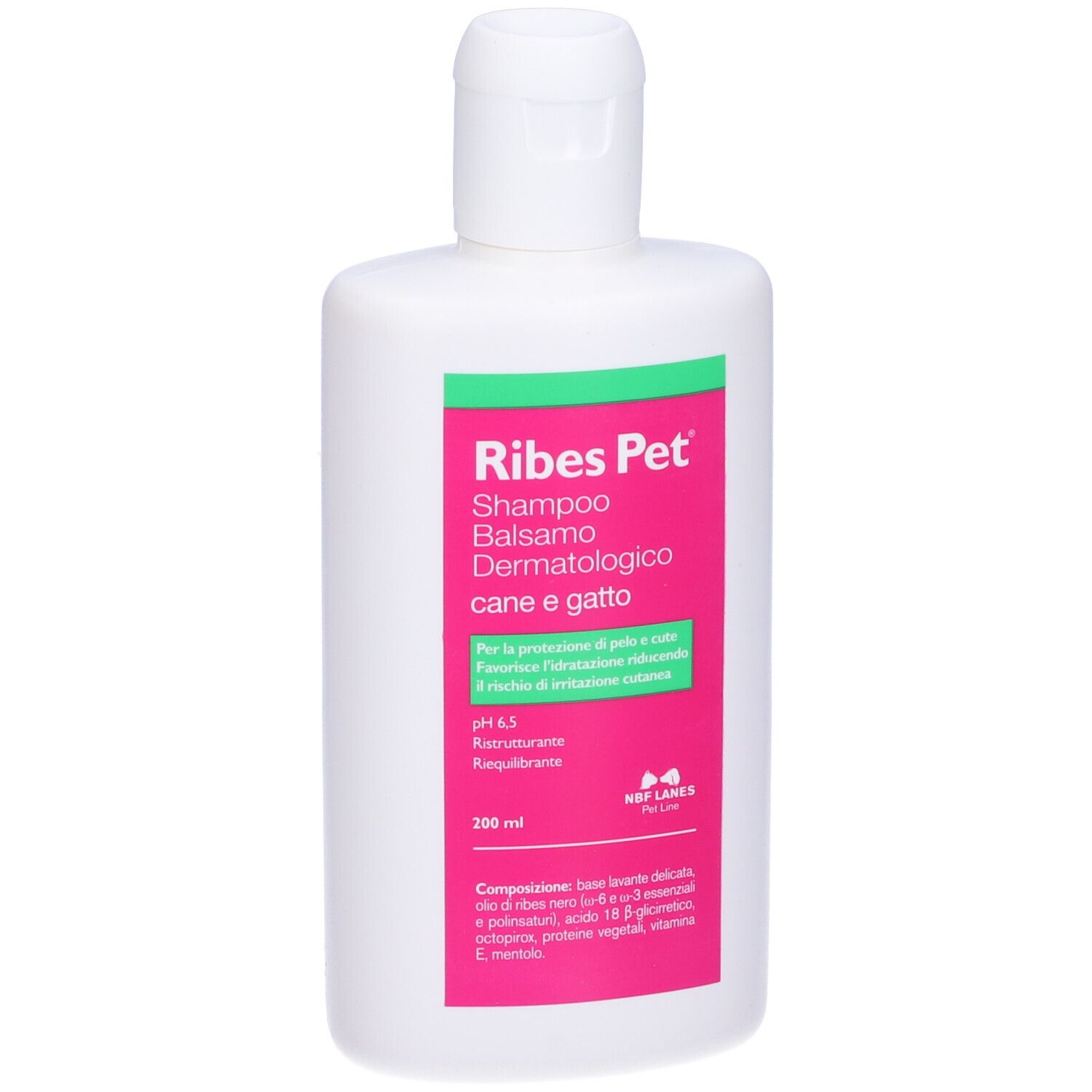 Flacone bianco con etichetta rosa. Testo: Ribes Pet Shampoo Balsamo Dermatologico cane e gatto. Striscia verde con testo. Tappo bianco.