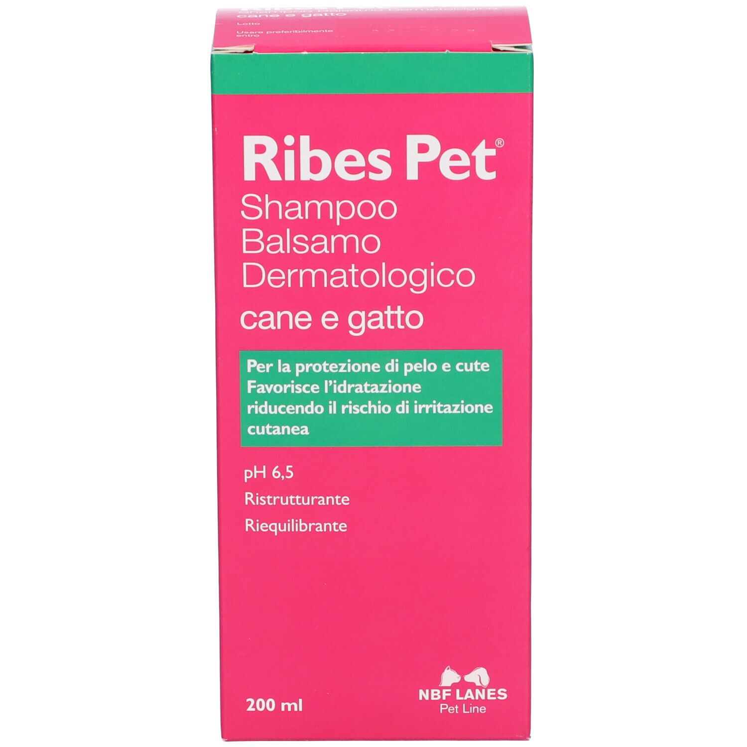 Confezione in cartone. Rosa con testo. Testo: Ribes Pet Shampoo Balsamo Dermatologico cane e gatto. Sfondo bianco.