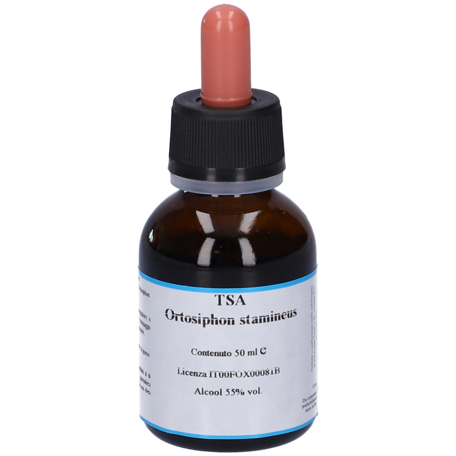 Flacone di vetro marrone con tappo nero e contagocce. Etichetta con testo: TSA, Orthosiphon stamineus, alcool 55% vol.