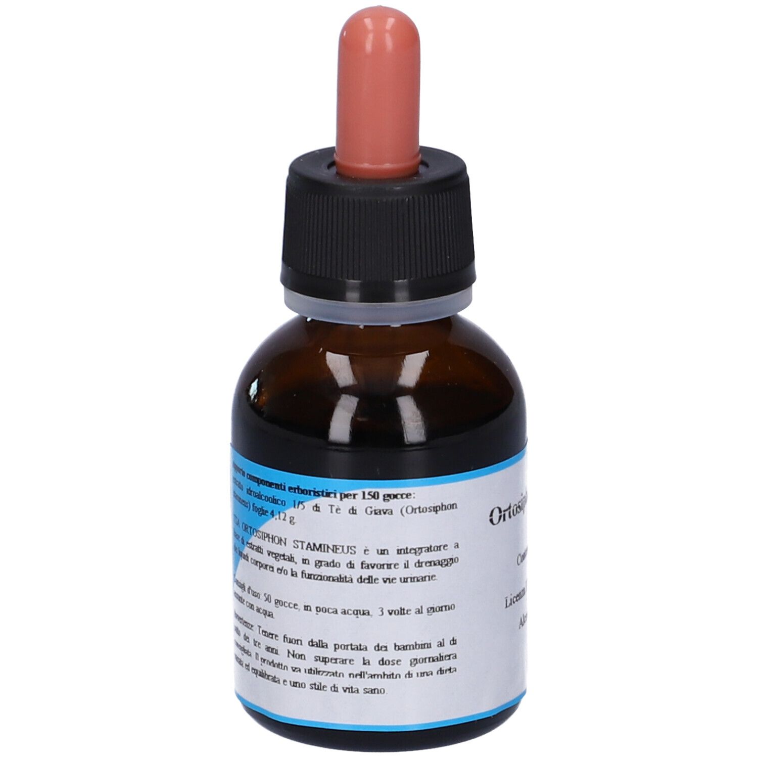 Flacone di vetro marrone con tappo nero e contagocce. Etichetta con testo e informazioni sul contenuto. TSA, Orthosiphon stamineus.