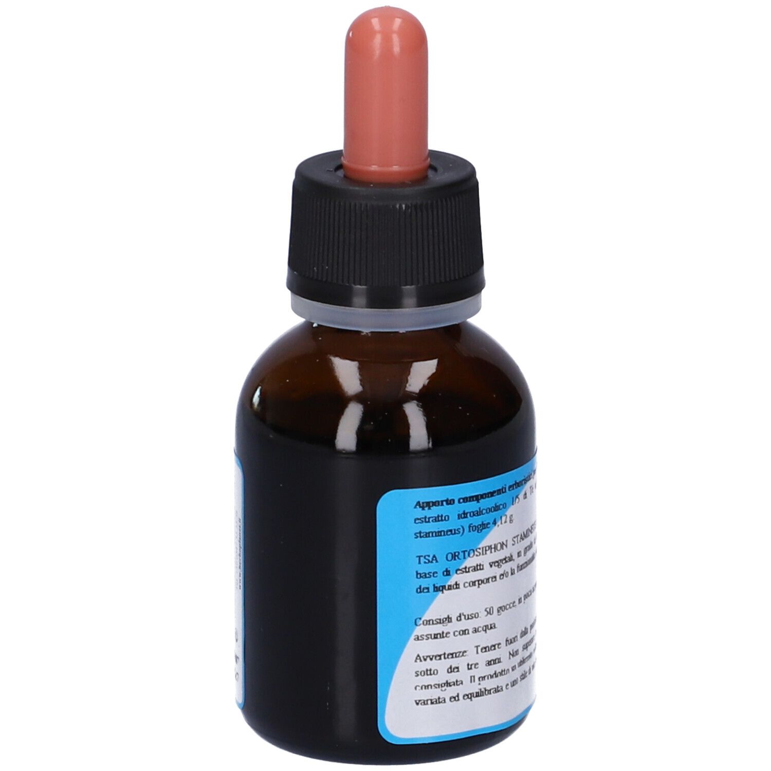Flacone di vetro marrone con tappo nero e contagocce. Etichetta con testo e informazioni sul contenuto. TSA, Orthosiphon stamineus.