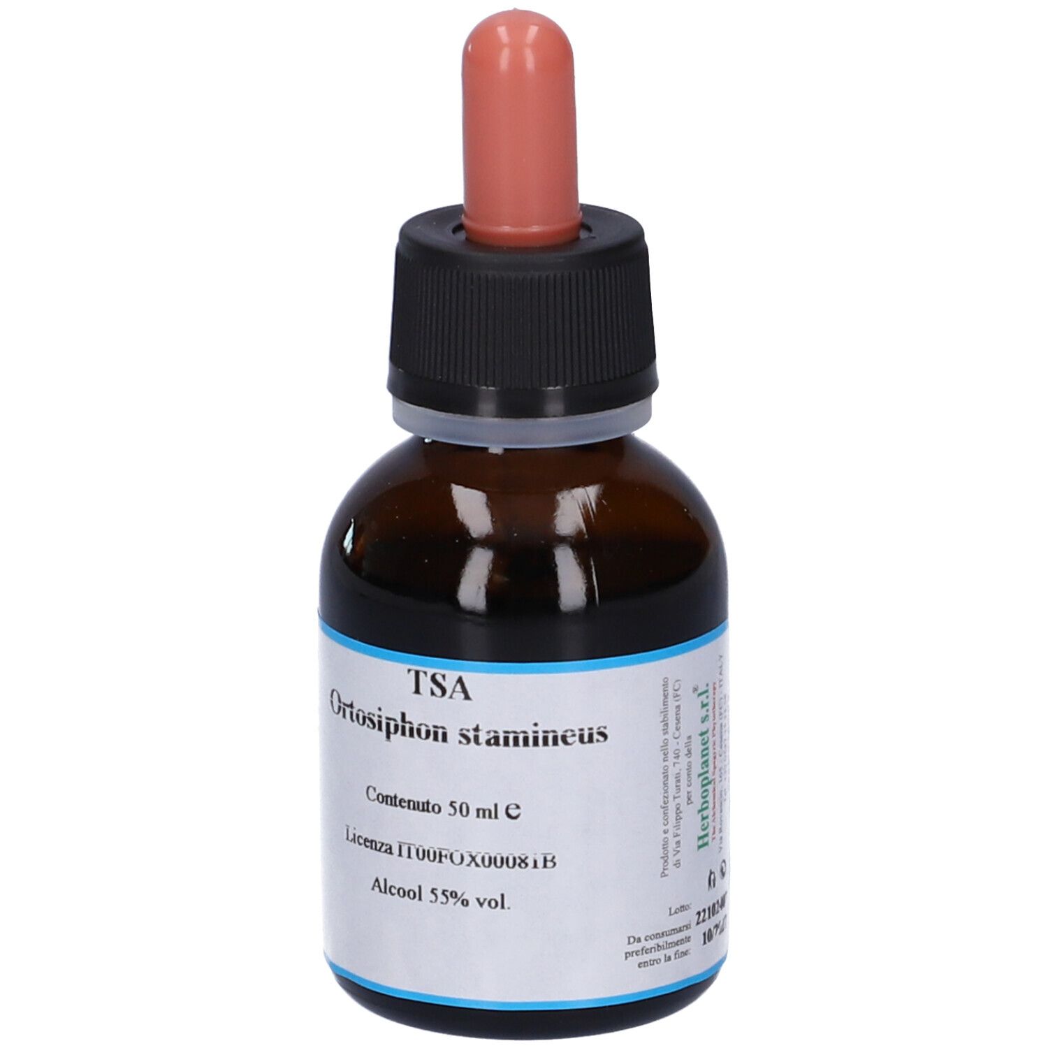 Flacone di vetro marrone con tappo nero e contagocce. Etichetta con testo: TSA, Orthosiphon stamineus, alcool 55% vol.